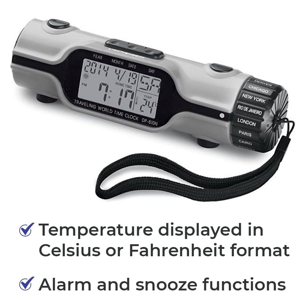 SAGEFINDS SAGEFINDS World Time Alarm Clock | Calendar, Thermometer, Alarm, Timer, Flashlight | 16 Pre-Set Time Zones | Lightweight & Portable for Travel | Bright LED Display