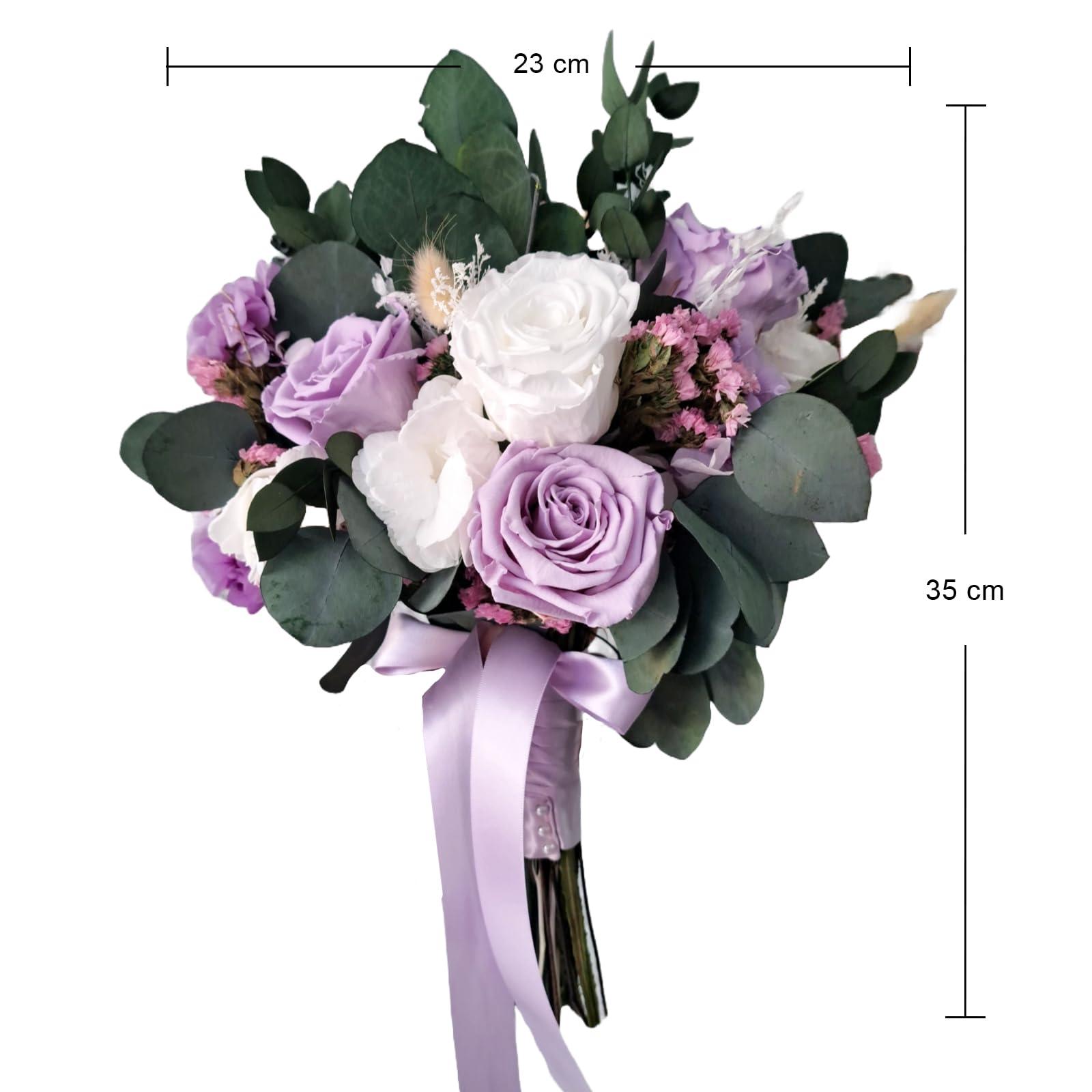 Generic Lilac and white reserved bridal bouquet with eucaliptos others preserved folaiges. Ramo de novia natural preservado en lila y blanco