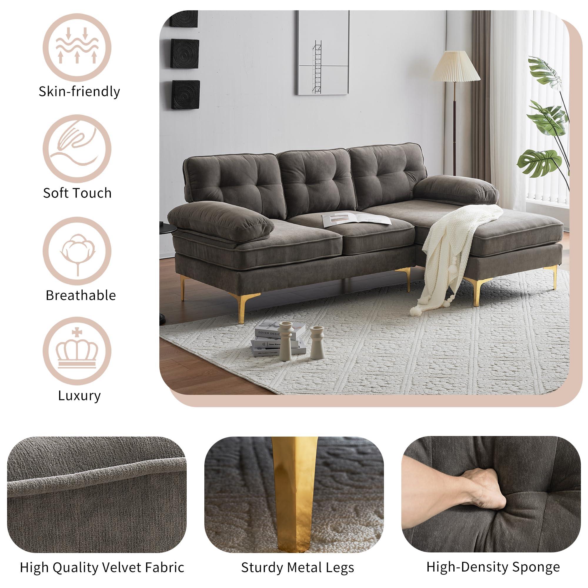 FANYE FANYE L-Shaped Sectional Sofa Couch with Wide Chaise, 83" 3-Seater Convertible Corner Sofa&Couch with Pillows Armrests and Golden Metal Legs Perfect for Home Office Apartment Compact Living Room