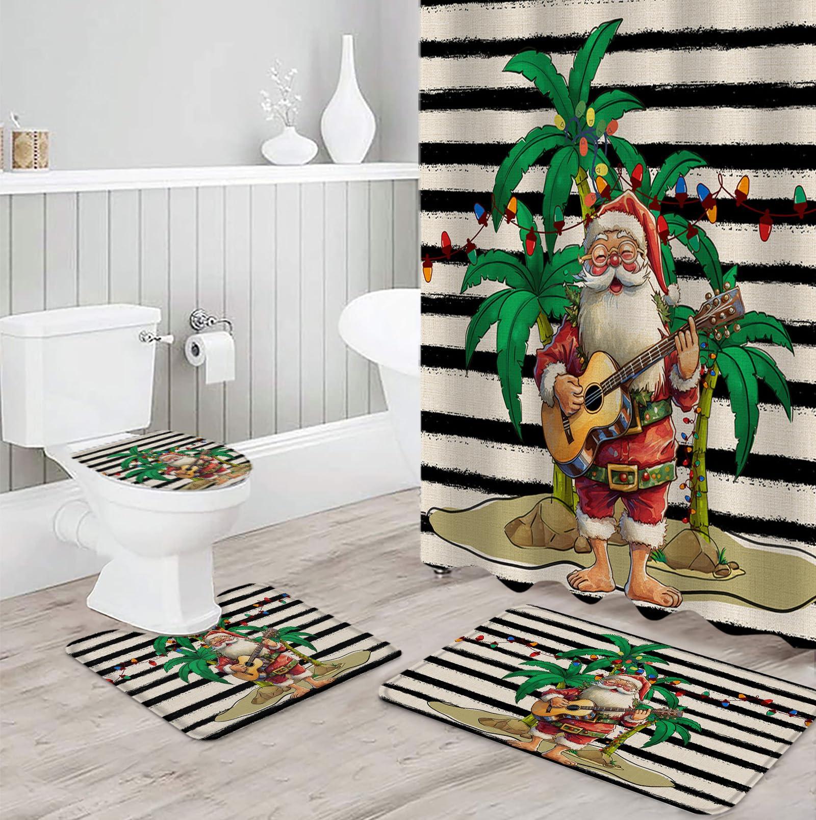 ZOE GARDEN Tropical Christmas Bathroom Set with Shower Curtain Rug Accessories - 72x72 Inches Long Bathtub Curtain with Small Bath Mat,Washable Bathtub Floor Runner Rug Set,Hooks Santa Palm Tree Black Stripe