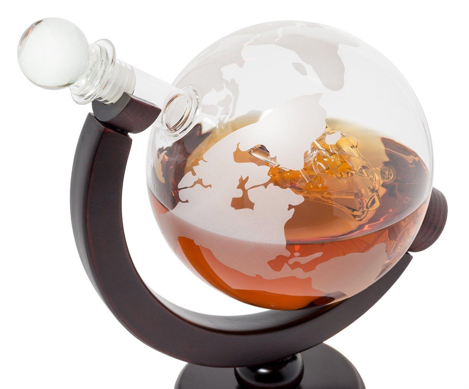 Denizli Whiskey Decanter Globe With Funnel - Handmade Etched Globe Decanter 50 Oz Set with Wooden Stand and Glass Ship inside, Perfect for Liquor, Scotch, Bourbon, Vodka or Red Wine