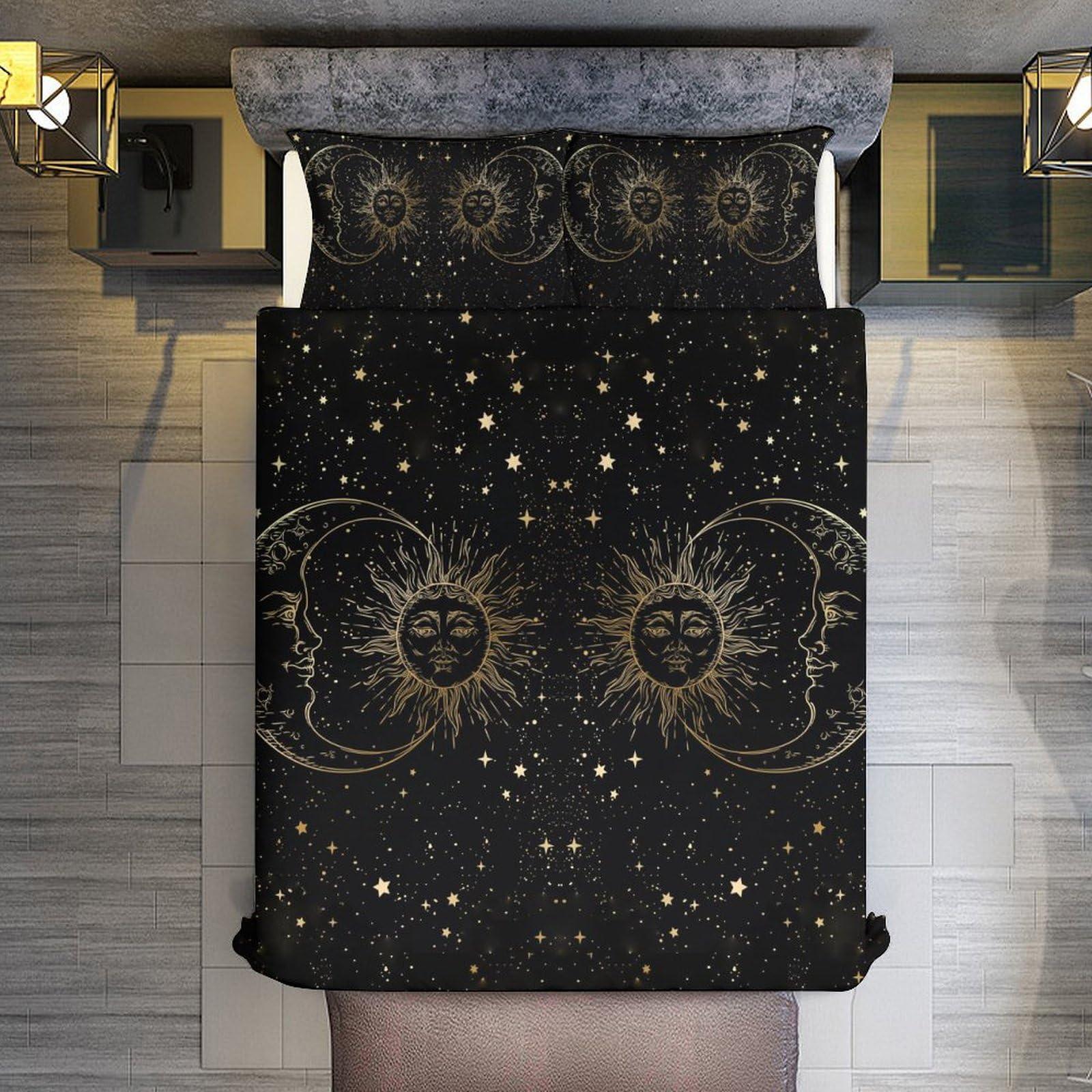 LITINGZHILONG LITINGZHILONG Sun Moon Black Gold Bed 3-Piece Set, Bohemian Retro Style Personality Room Bed Decoration Quilt Cover, Mandura Theme Moon and Sun Bed 3-Piece Set 1 Quilt Set 2 Pillow Cases 86\"x70\"