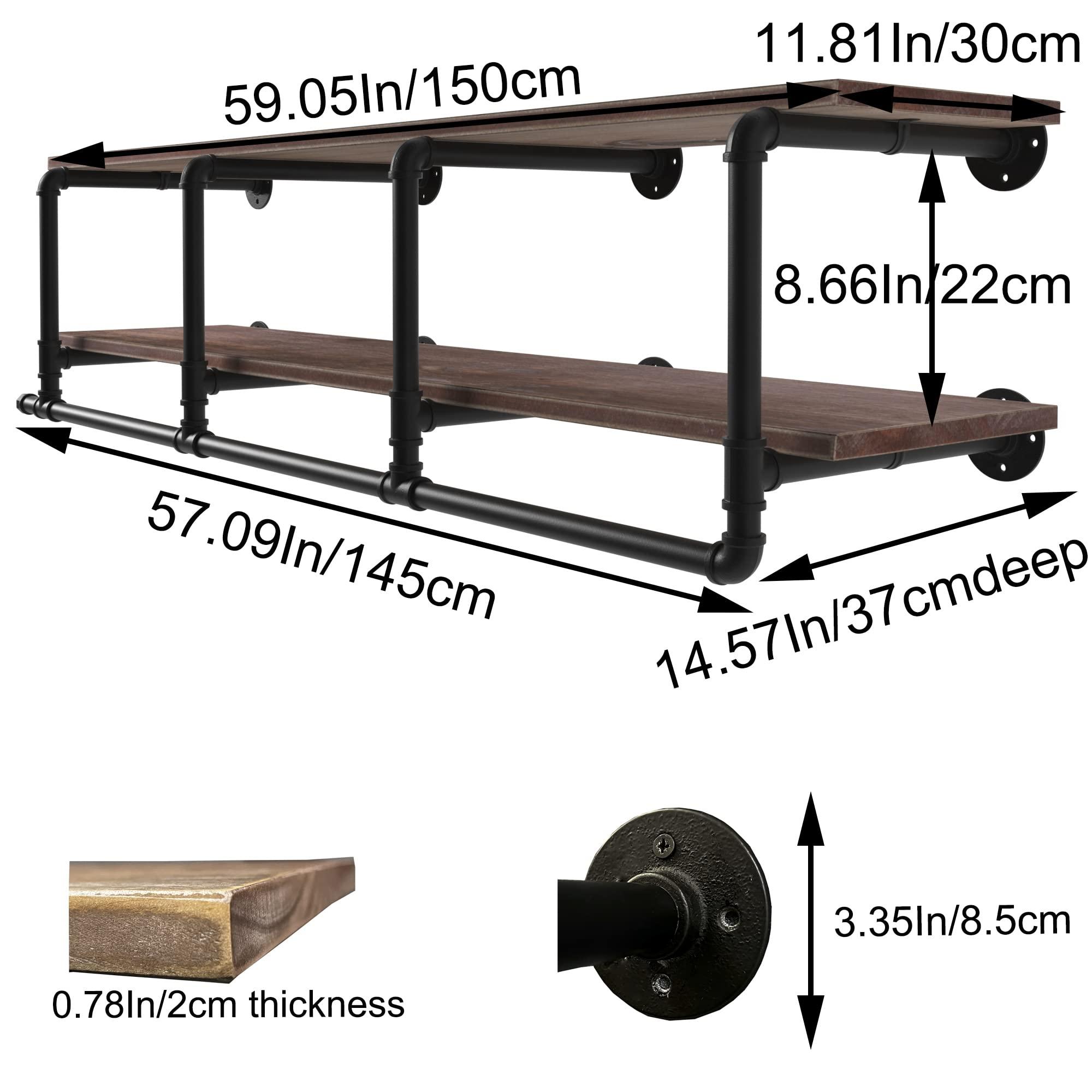 TEDIDUWA TEDIDUWA 60In Industrial Pipe Clothing Rack with Top Shelf, Space-Saving Wall Mounted Clothes Rack 2 Tiers Pipe Shelves, Shelf with Hanging Rod for Laundry Room, Closet Storage