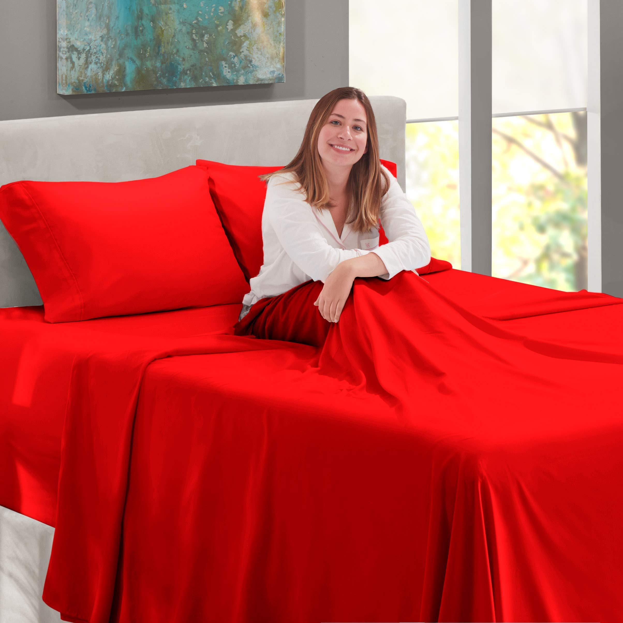 Fitlinen 5 Piece Split King Sheet Sets for Adjustable Bed 100% Pure Egyptian Cotton 800 TC Bedding Set Ultra Soft, Easy Fit Upto 21\" Deep Pockets of Fitted Sheet (Split King Size,Cherry Red)