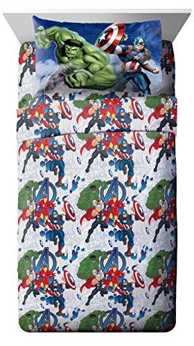 Jay Franco Marvel Avengers Blue Circle 5 Piece Full Bed Set - Includes Reversible Comforter & Sheet Set - Bedding Features Captain America & Iron Man - Fade Resistant Microfiber (Official Marvel Product)