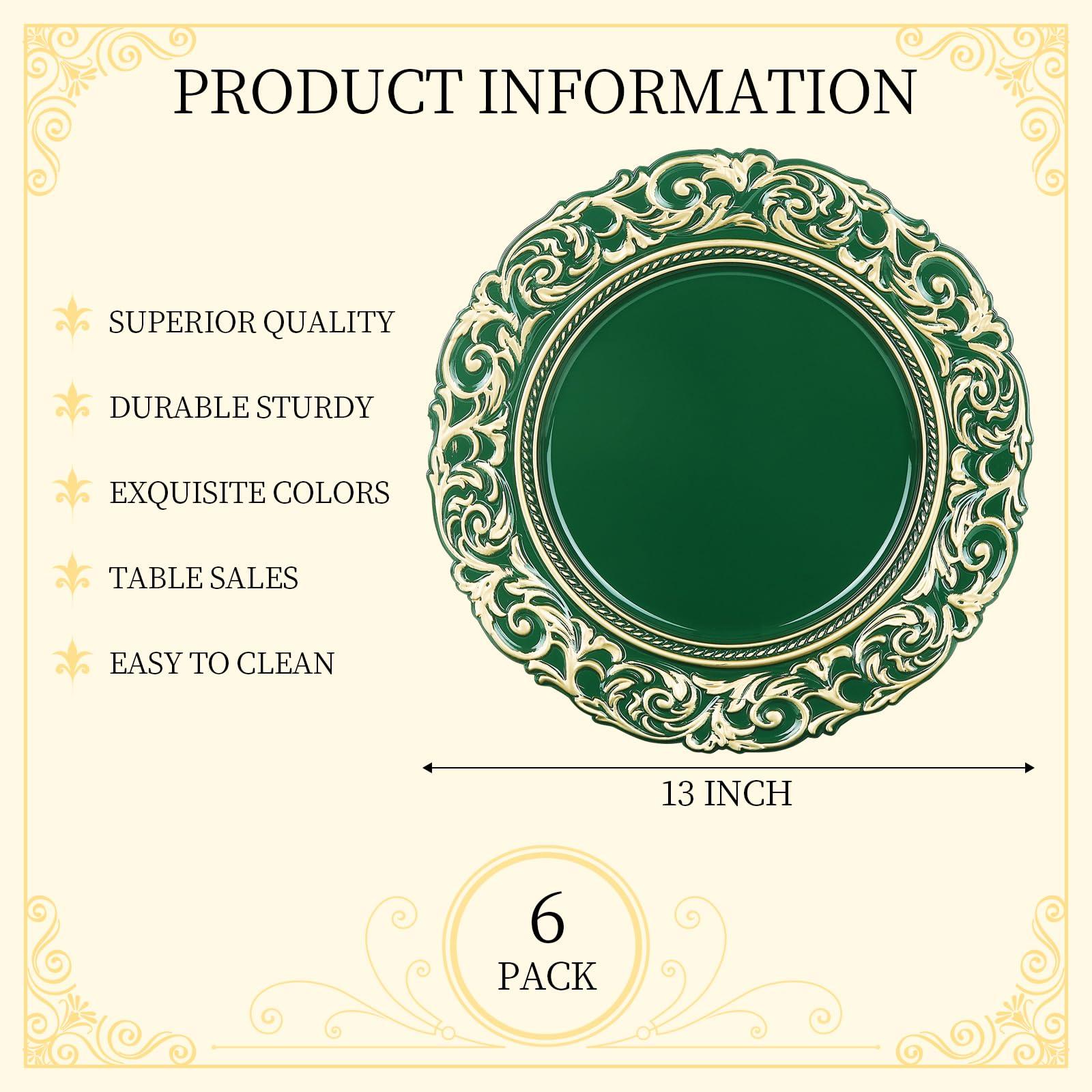 YXZHUOYU YXZHUOYU Antique Charger Plates, Set of 6 Plastic Embossed, Green Charger Plate, 13 Inch, Elegant Charger Plates, Plate Set, Decorative Chargers for Dinner Plates