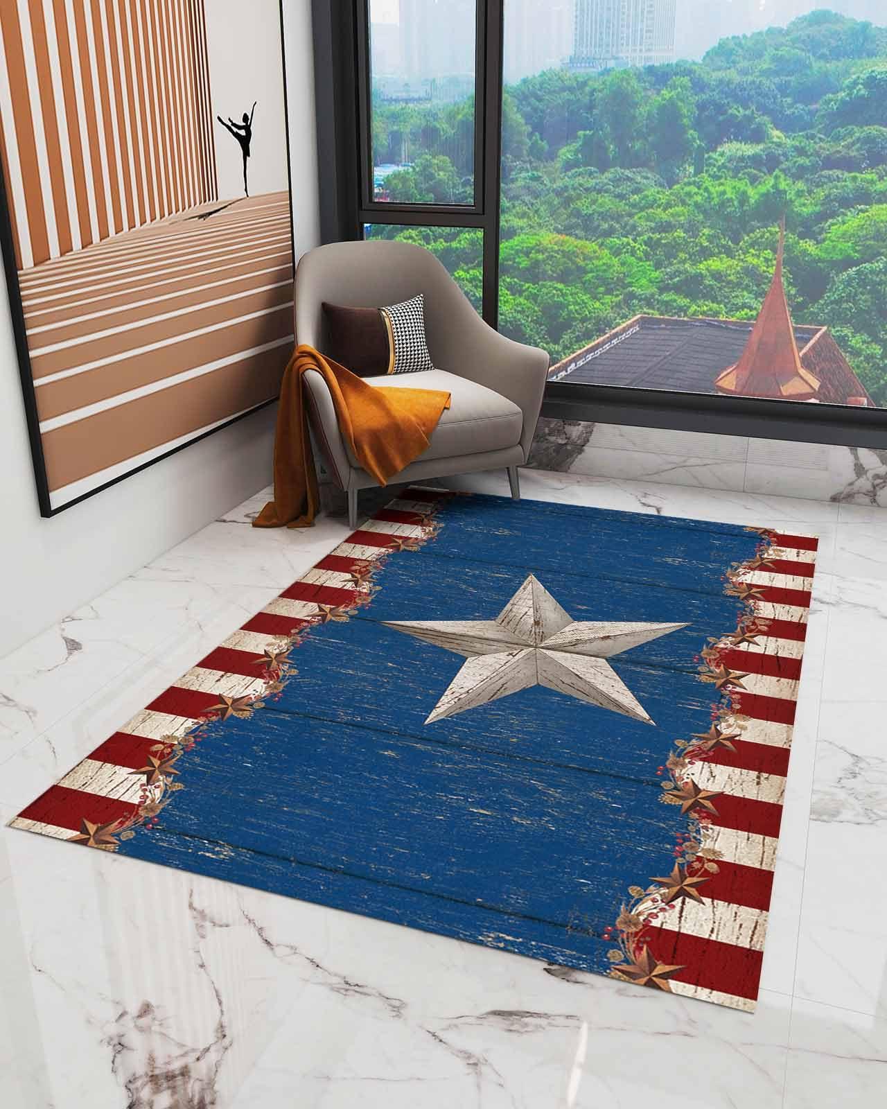 PIEPLE Rustic Stars Country Large Rectangular Area Rugs 3' x 5' Living Room, Durable Non Slip Rug Carpet Floor Mat for Bedroom Bedside Outdoor Red Blue Berry Farmhouse Wood