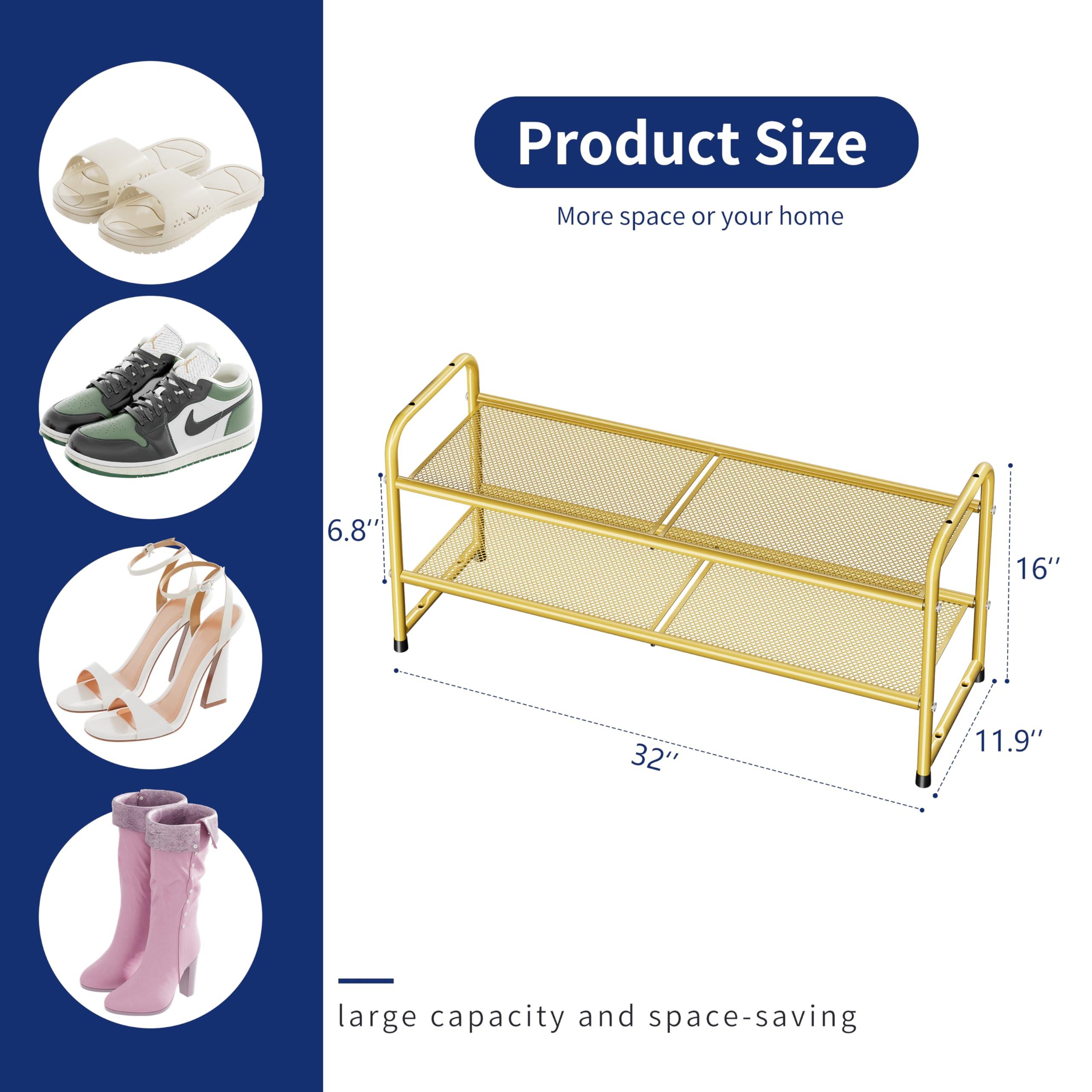 SUFAUY SUFAUY Shoe Rack for Closet, 32 inch Metal Shoe Rack Organizer Heavy Duty, 2 Tier Mesh for Shoes, Gold