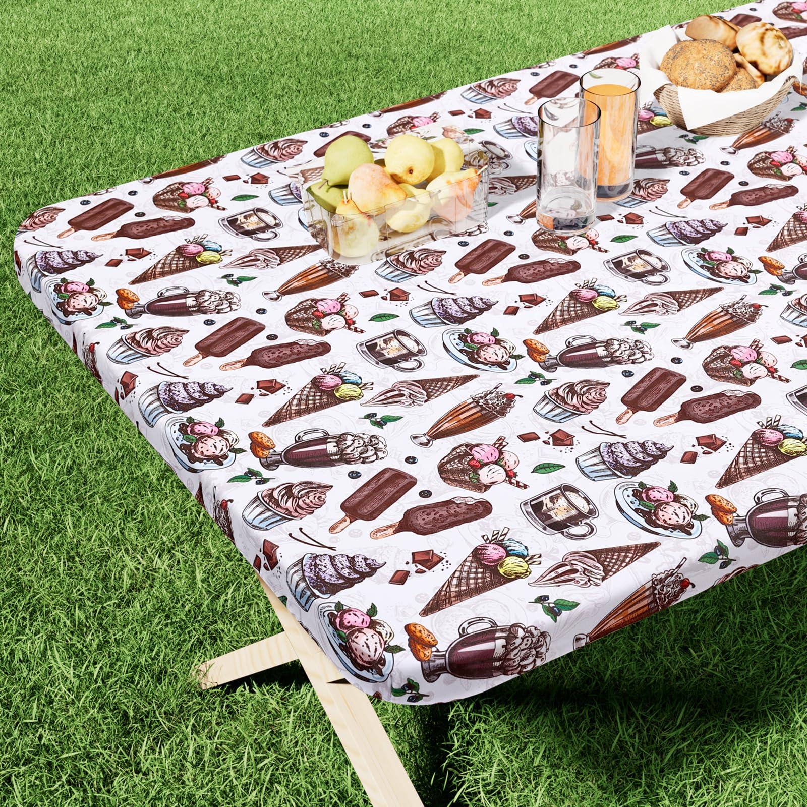 homing homing Rectangle Printed Fabric Tablecloth, Elastic Fitted Table Cloth for 6 Foot Table, Washable Polyester Table Cover for Outdoor, Picnic, Camping and Indoor, (Ice Cream, 30\" x 72\")