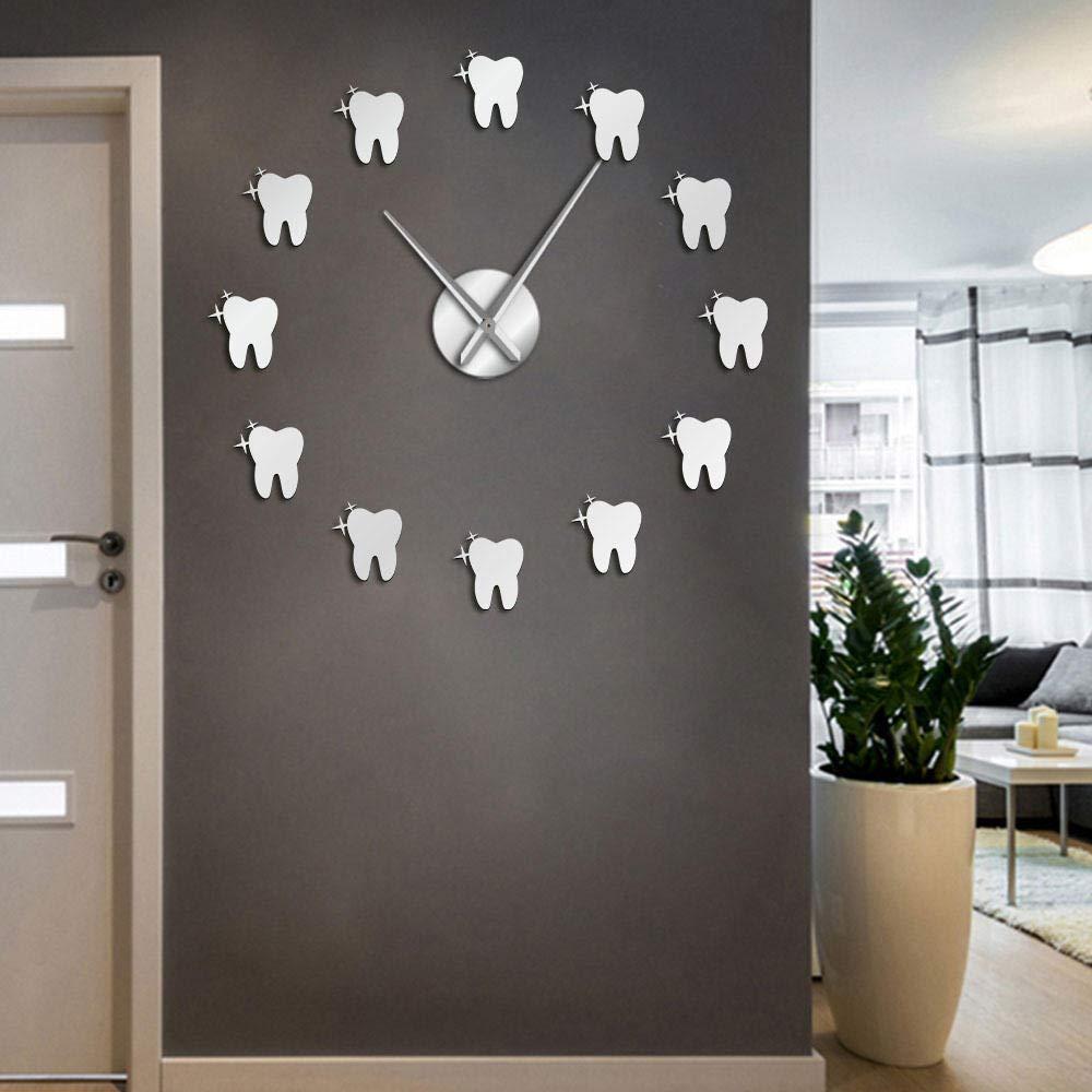 yuandd yuandd Teeth 3D Mirros Stickers Modern Design Tooth Style DIY Large Wall Clock Dental Office Wall Decor Silent Non Ticking Big Clock Silve 37 Inch(90cm), Silver
