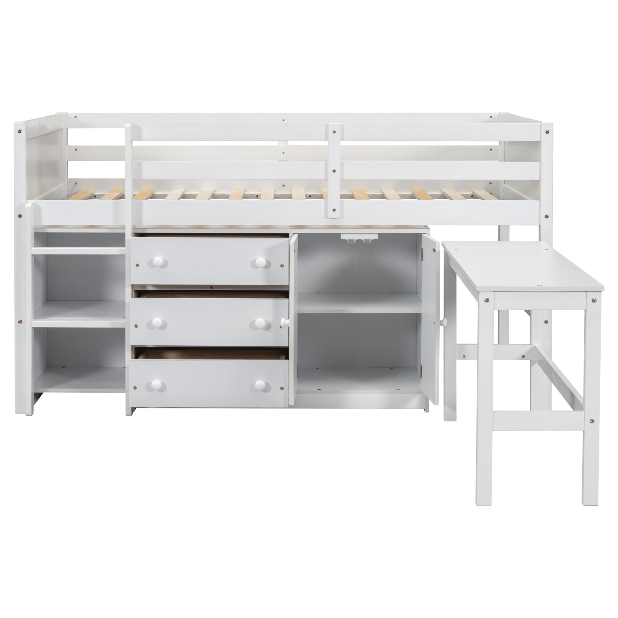 Ball & Cast Ball & Cast Twin Size Low Loft Bed Bunk with Pull-Out Desk and Drawers,Multifunctional Wood Bebframe W/Full-Length Guardrails and Storage Cabinet,Spacious Bookshelf,for Bedroom,Apartment,White
