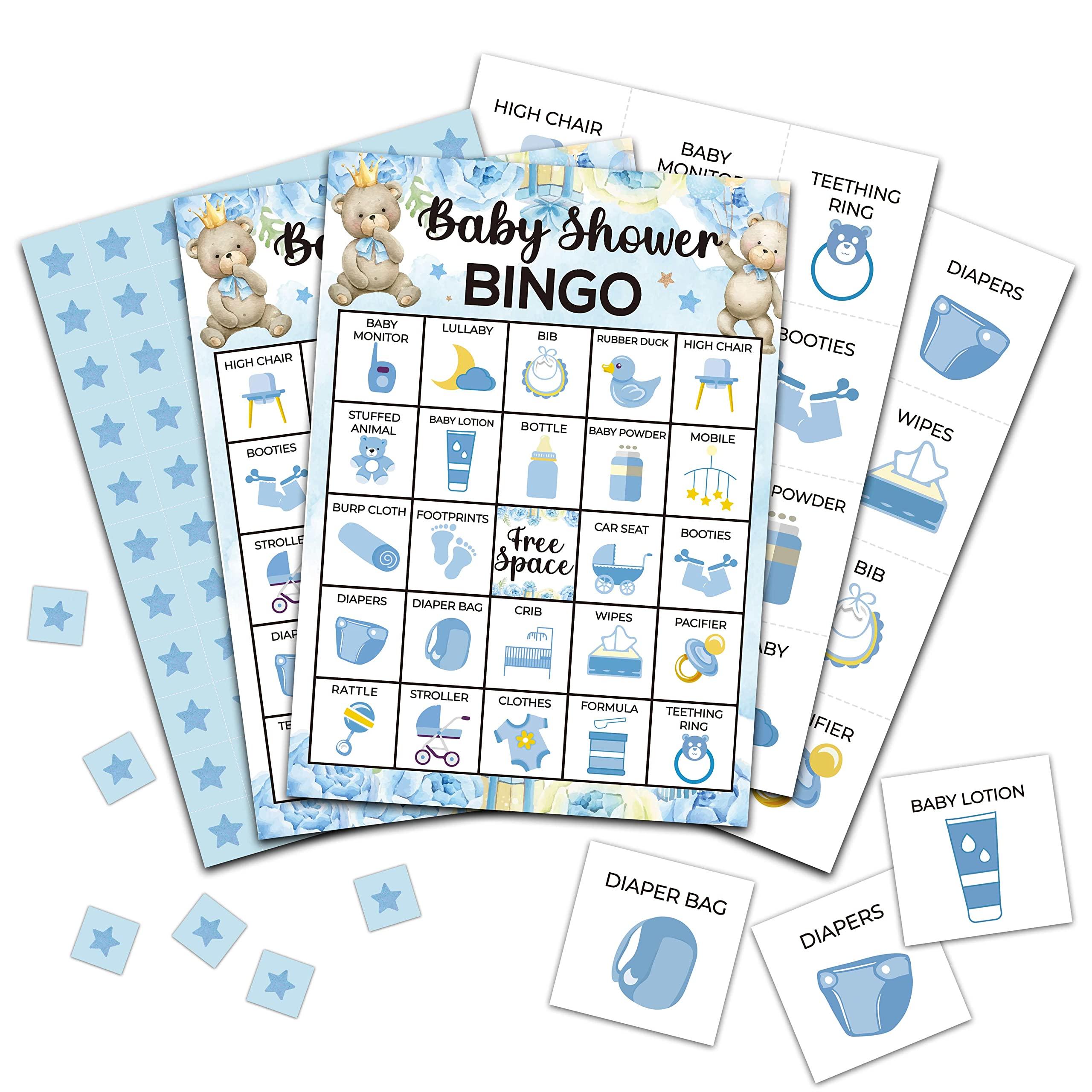 Foosproea Foosproea Baby Shower Bingo Games, Gender Neutral Baby Bingo Cards for 24 Players, Bear Balloons Card Game for Family Friends Activities, Watercolor Blue Baby Shower Party Supplies Decorations (04)