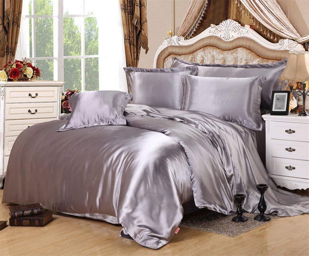 Good Night Bedding Duvet Cover Twin Size Set Silver With Button Closure, Ultra Soft Silky Satin 4 Pieces Washed Comforter Cover Sets (1 Duvet Cover + 1 Fitted Sheet 12\" Deep + 2 Pillow Shams) Duvet Set