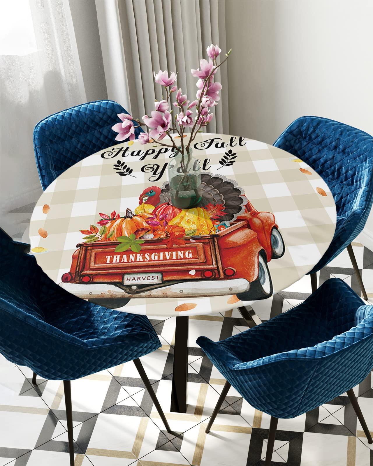 SEVENBABU Round Table Cover 55-60 Inch, Waterproof Reusable Table Cloth Round Fitted Vinyl Tablecloth with Elastic Edged for Party, Happy Fall Y\'all Farm Truck with Turkey Floral Leaves Modern Checkered