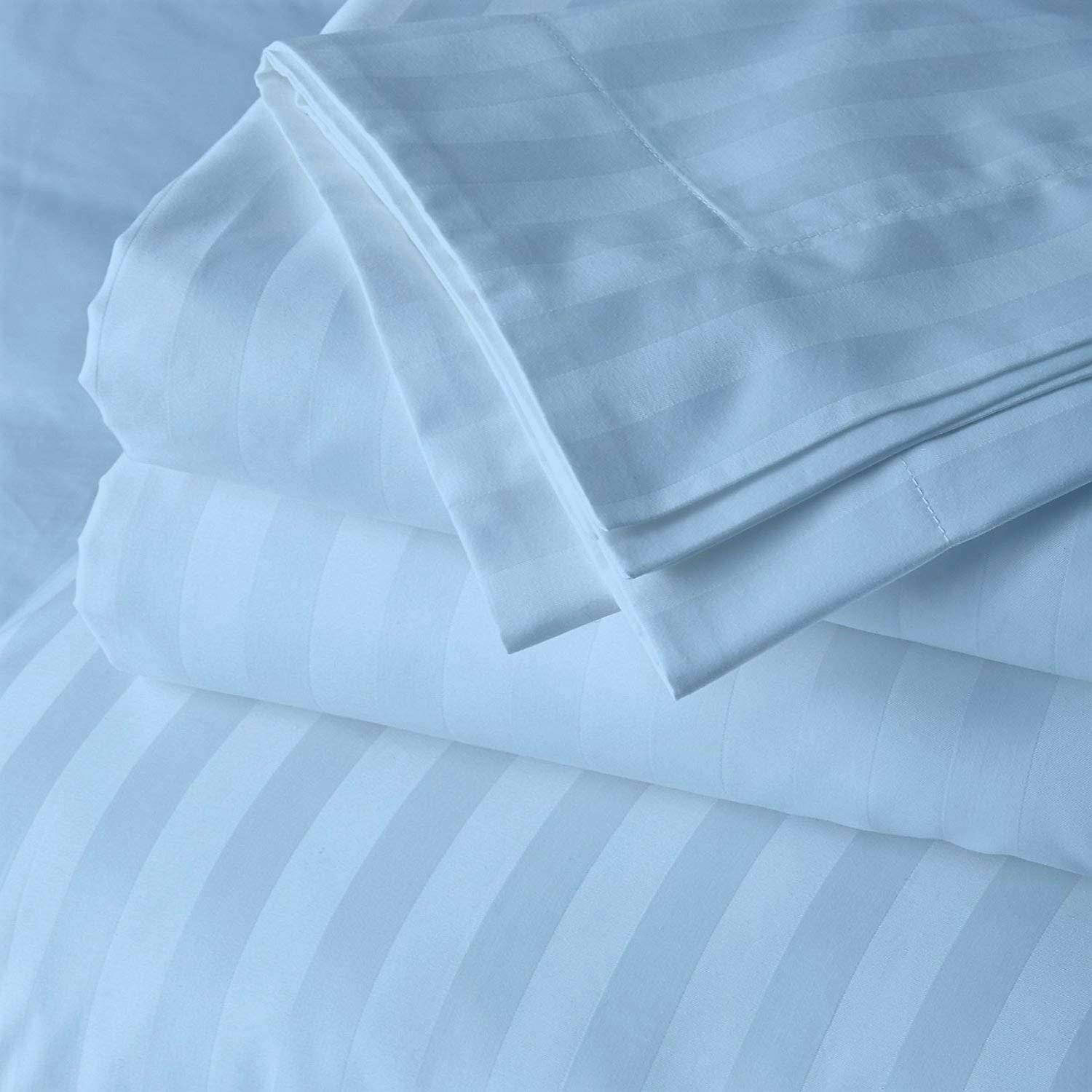 Olivialinen Olympic Queen Sheet Set 66 x 80-100% Egyptian Cotton - 400 Thread Count Cotton Bed Sheet Set - RV Olympic Queen Size Sheets - RV Bed Sheets Fits Upto 15\" Deep Mattress, Light Blue Stripe