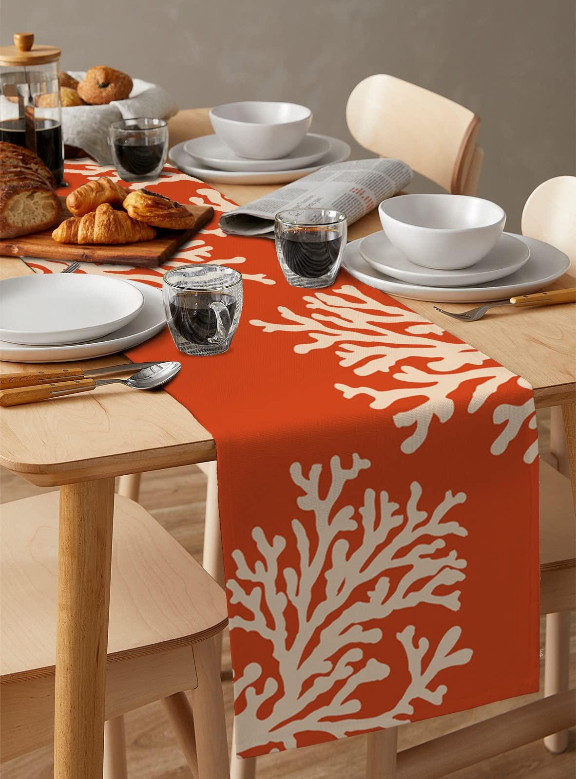 RisQiten RisQiten Orange Coral Table Runner - 60 Inch Long Coastal Summer Beach Nautical Seaside Cotton and Linen Blended Dress Scarves Farmhouse Table Runner for Kitchen Dining, Coffee Table, 13\" x 60\"