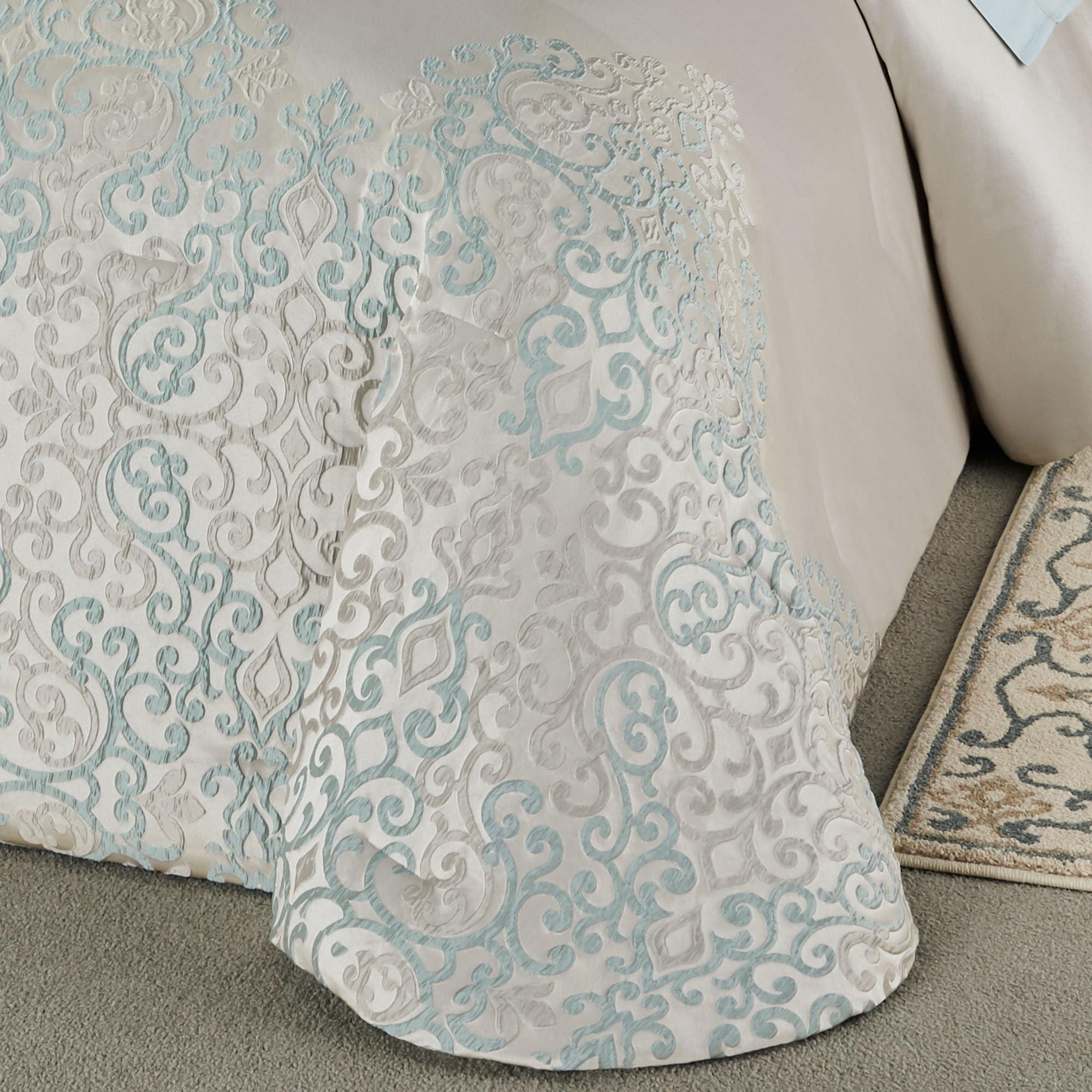 J. Queen New York Luxurious Avalon Bedding | Sophisticated Elegant Jacquard Woven Scroll | Oyster Spa Silver Gray | 3 Piece Set: Queen Bedspread and 2 Standard Shams