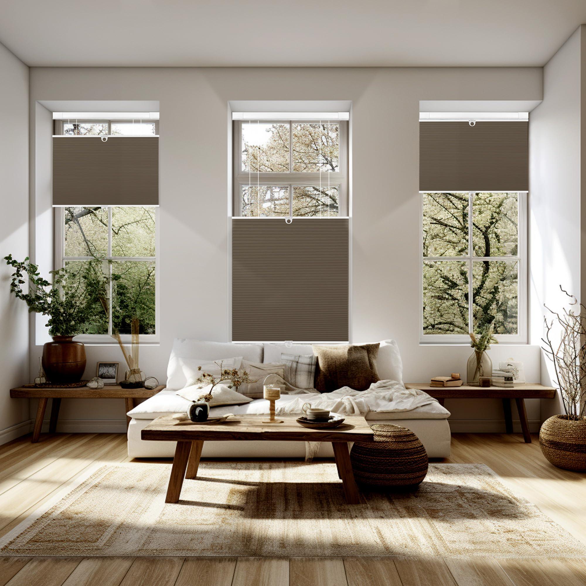 Doing-X Doing-X Cordless Cellular Shades Blackout Top Down Bottom Up No Tool No Drill Honeycomb Cellular Window Blinds Room Darkening French Door Blinds for Kitchen Living Room Office,Brown,29.5" W x 64" H