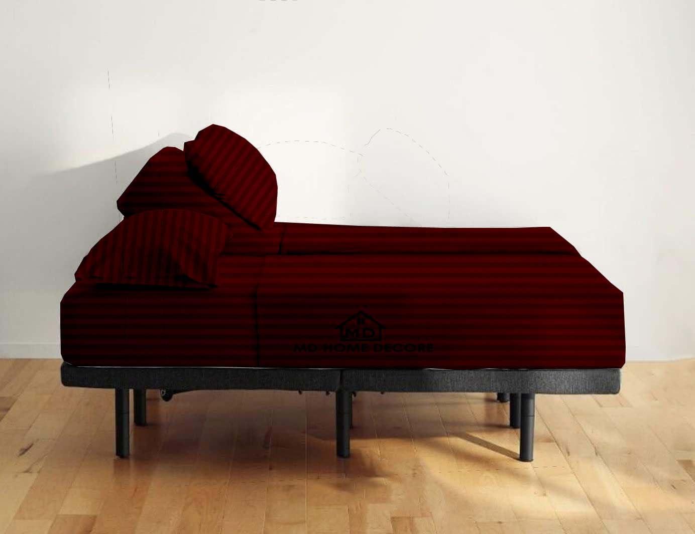 MD Home Decore Egyptian Cotton Split Queen Sheet Set - 7 Piece Set - Burgundy Stripe Sheets - Extra Deep Pockets - Adjustable Bed Compatible