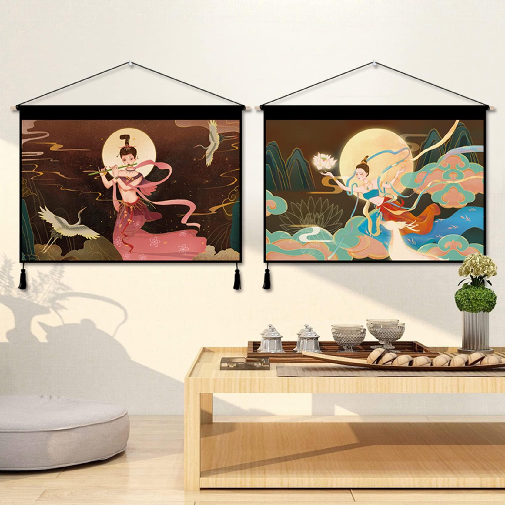 ThAyLa Handmade Tassel Wall Tapestry, Tassel Tapestry Wall Hanging Dunhuang Flying Fairy,small Wall Tapestries with Tassels,Cotton Linen Fabric Wall Art Tapestry for Dining Room Office,P-45x65cm (Color : L