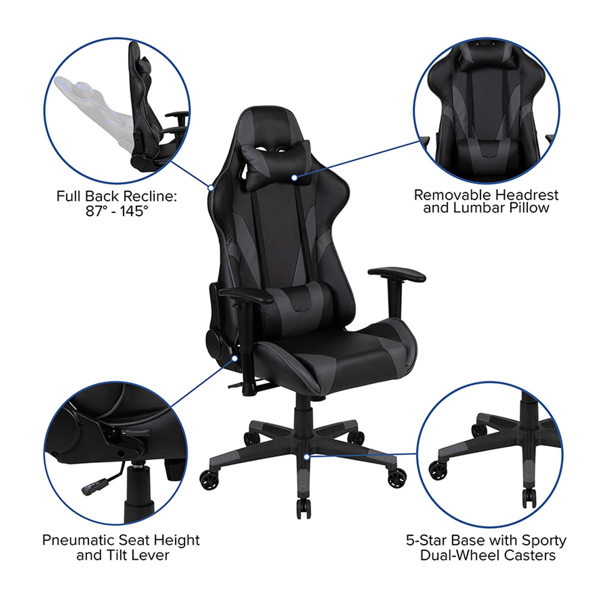 Flash Furniture Flash Furniture X20 Gaming Chair Racing Office Ergonomic Computer PC Adjustable Swivel Chair with Fully Reclining Back in Gray LeatherSoft