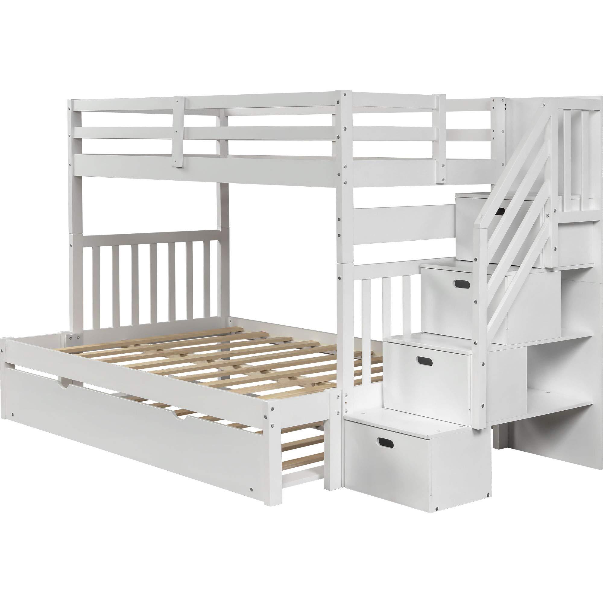 KLMM Twin Over Twin/Full Bunk Bed with Trundle Bed, Can be Split into Two beds, Kids Teens Solid Wood Bunk Bed Frame with Stairs Guardrail Locker Bedroom Furniture (White-Twin/Full)