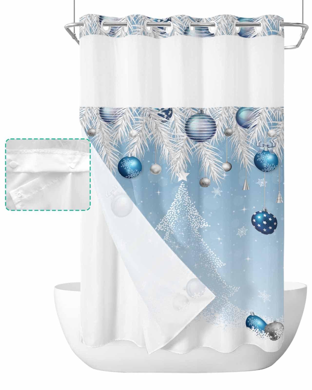 Edwiinsa No Hook Shower Curtain and Snap in Liner Set, Blue Christmas Fabric Bathroom Stall Shower Curtains 54x78 Inch, See Through Mesh Top Window, Xmas Tree Snowflake Balls Hotel Style, Washable Waterproof