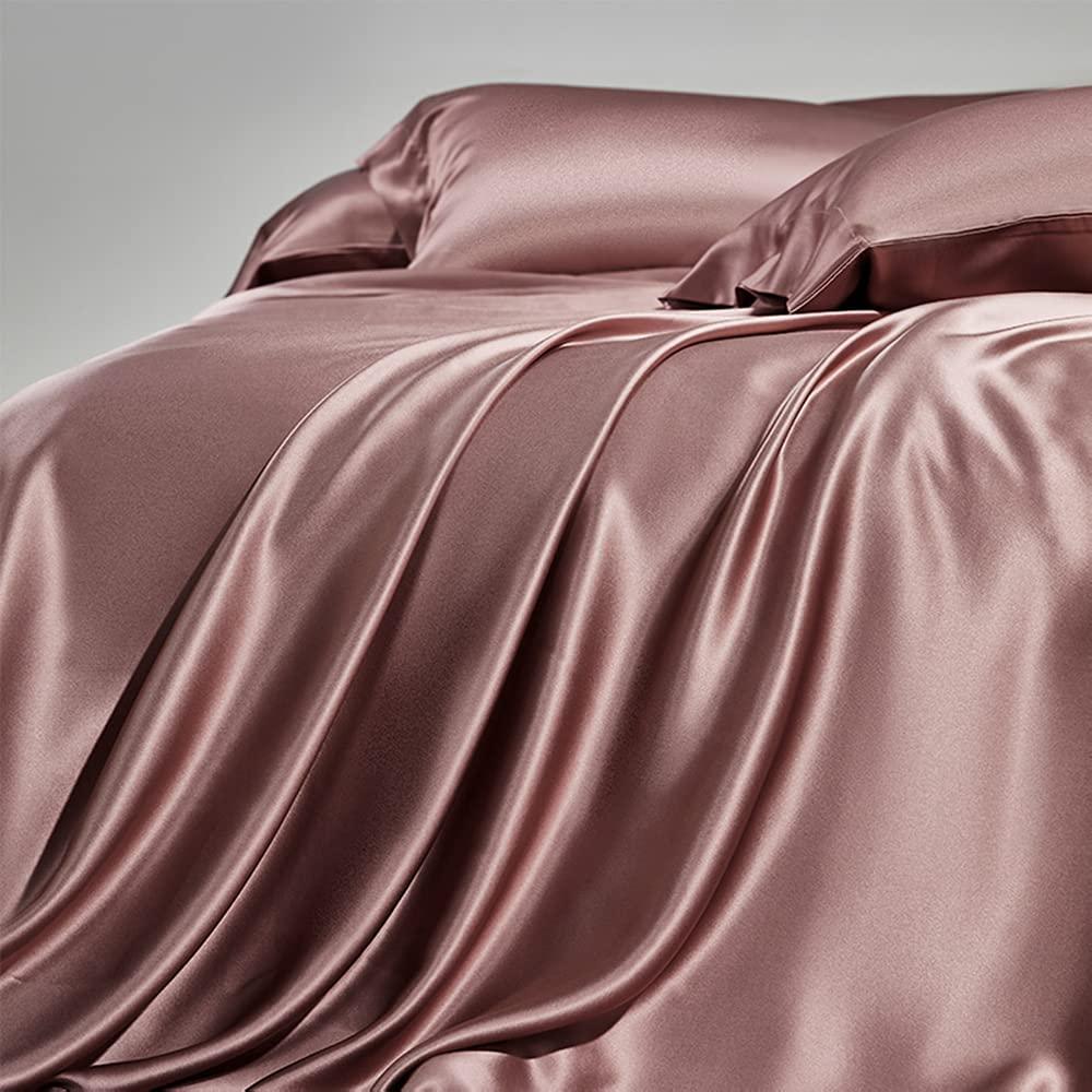 Orose Orose 4Pcs 25 Momme Charmeuse Silk Flat Sheet Set 100% Mulberry Seamless Silk Bedding Sheets Top Bottom Sheet (Light Plum, California King)