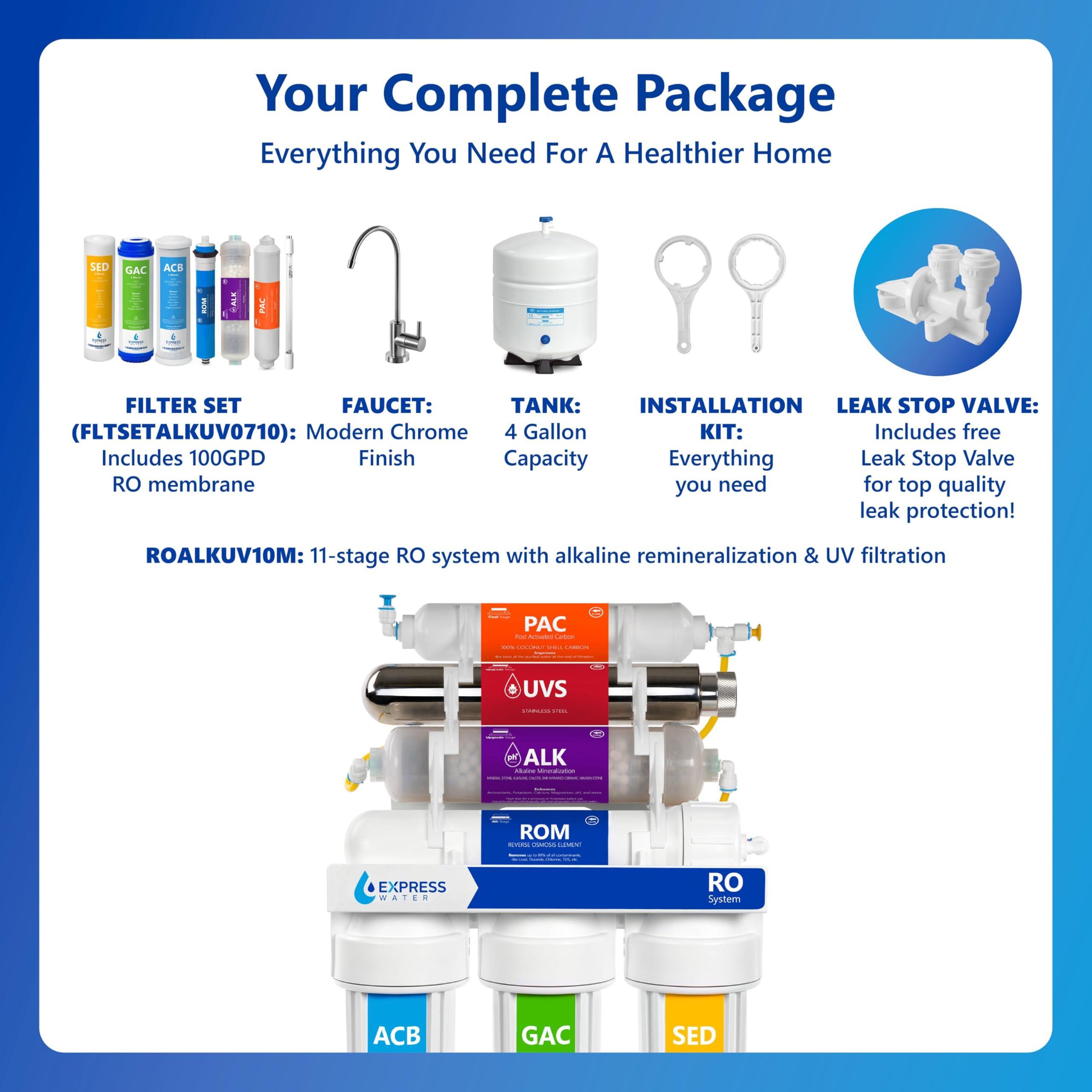 EXPRESS WATER EXPRESS WATER UV Reverse Osmosis Water Filtration System 11 Stage UV Water Filter with Faucet and Tank Under Sink Water Filter with Alkaline Filter for added Essential Minerals 100 GDP