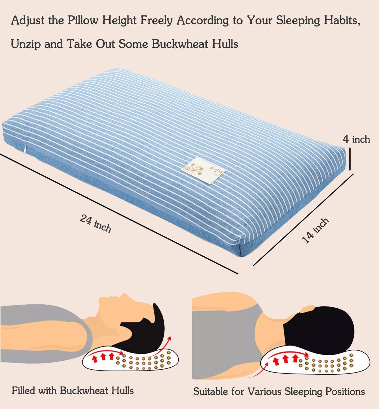 EDMILE EDMILE Buckwheat Bed Pillows for Sleeping, Firm Adjustable Pillow for Neck Pain Relief, Hard Flat Neck Support Pillow, Buckwheat Hull Meditation Cushion with Pillowcase, Blue 24\"X14\"