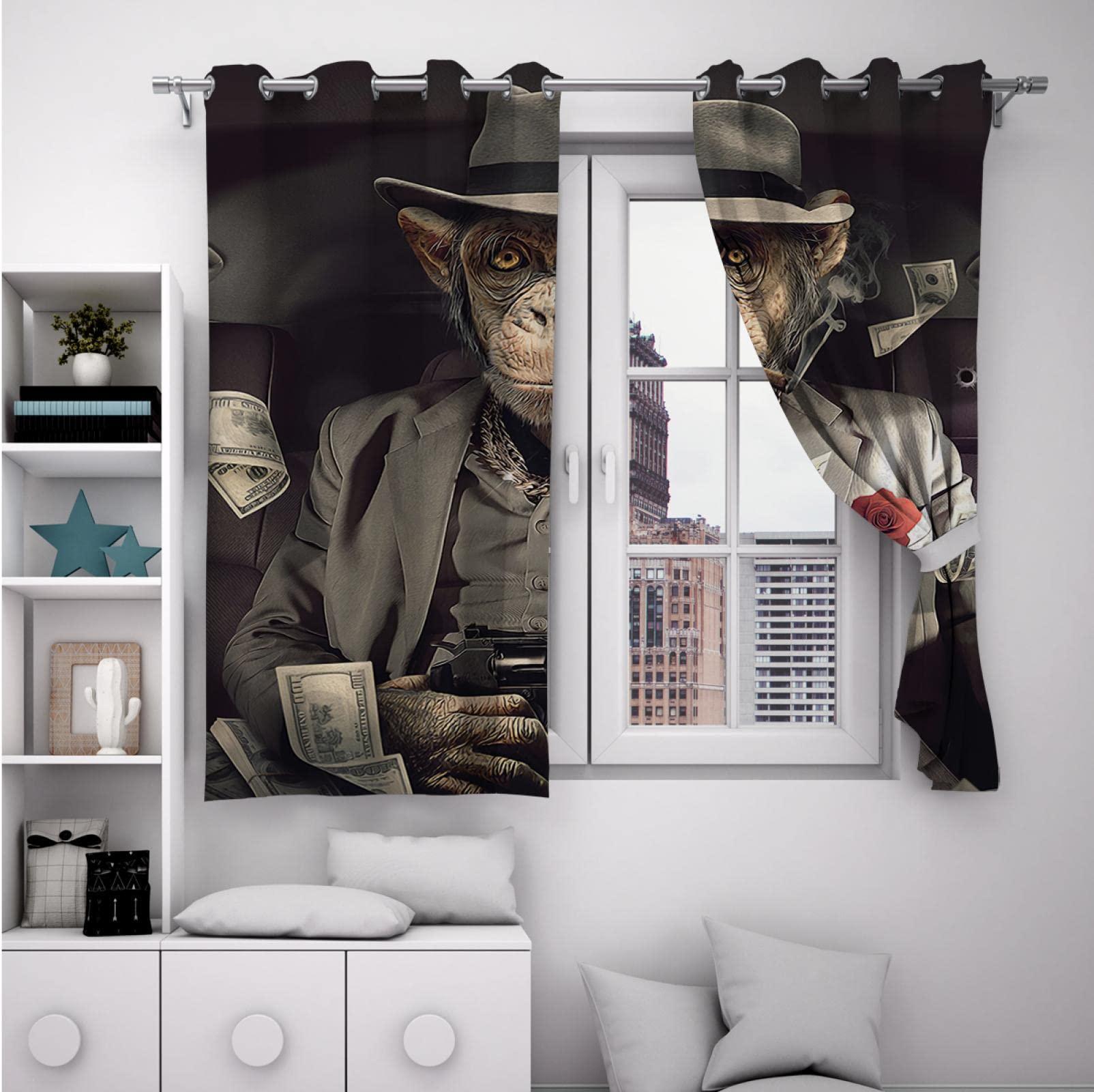 WWTSMYXGS Retro Unique Blackout Curtain Banksy Style Gentleman Monkey Pattern Eyelet Thermal Insulated & Room Darkening Window Drapes 55x68 Inch 2 Panels
