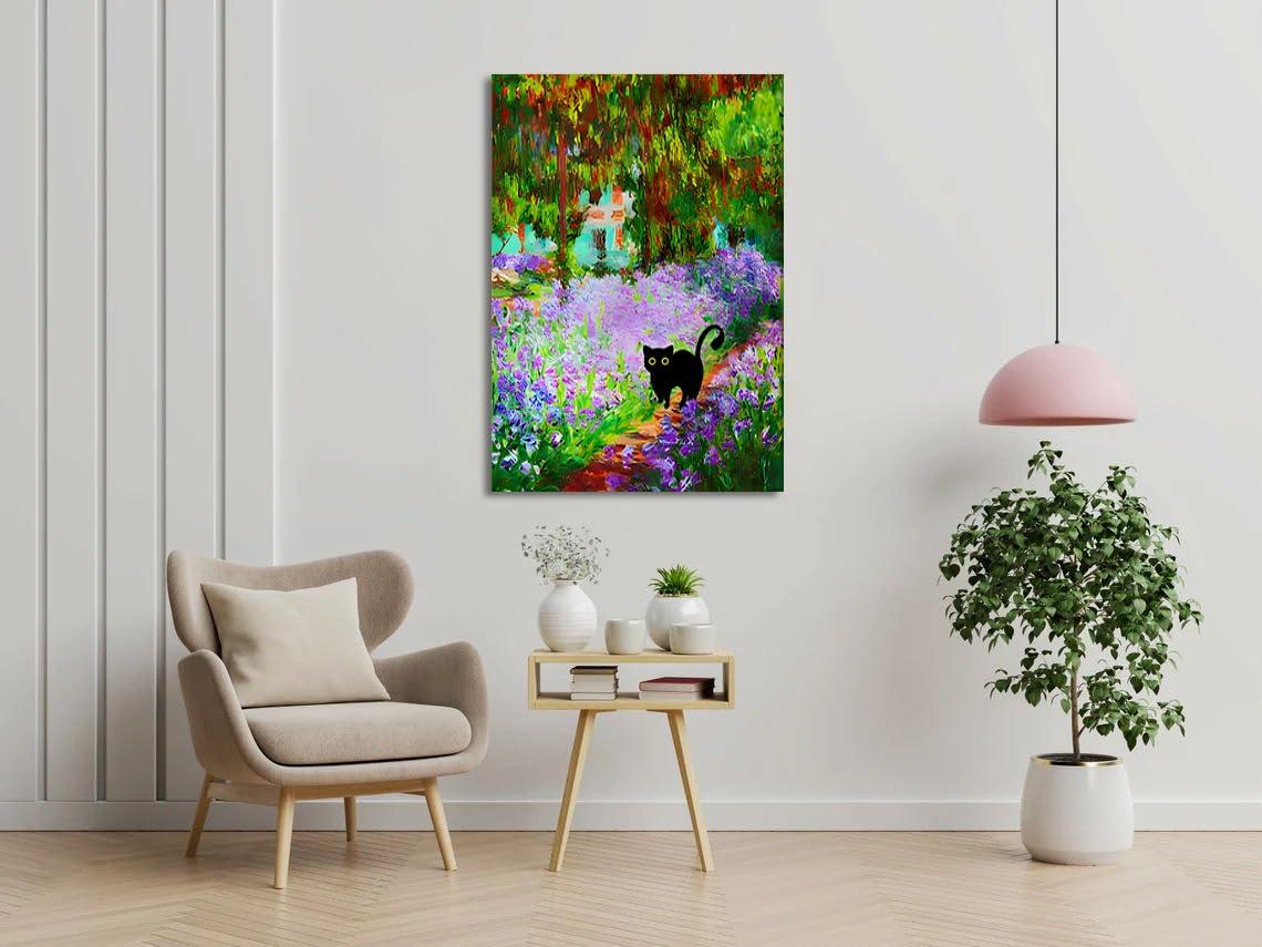 FOSULA Monet Cat Wall Art - Claude Monet Cat Wall Art Prints - Cat Monet Art - Monet Irises Garden Cat Canvas Print - Claude Monet Cat Poster - Monet Irises Garden Cat Wall Decor - Framed Ready to Hang