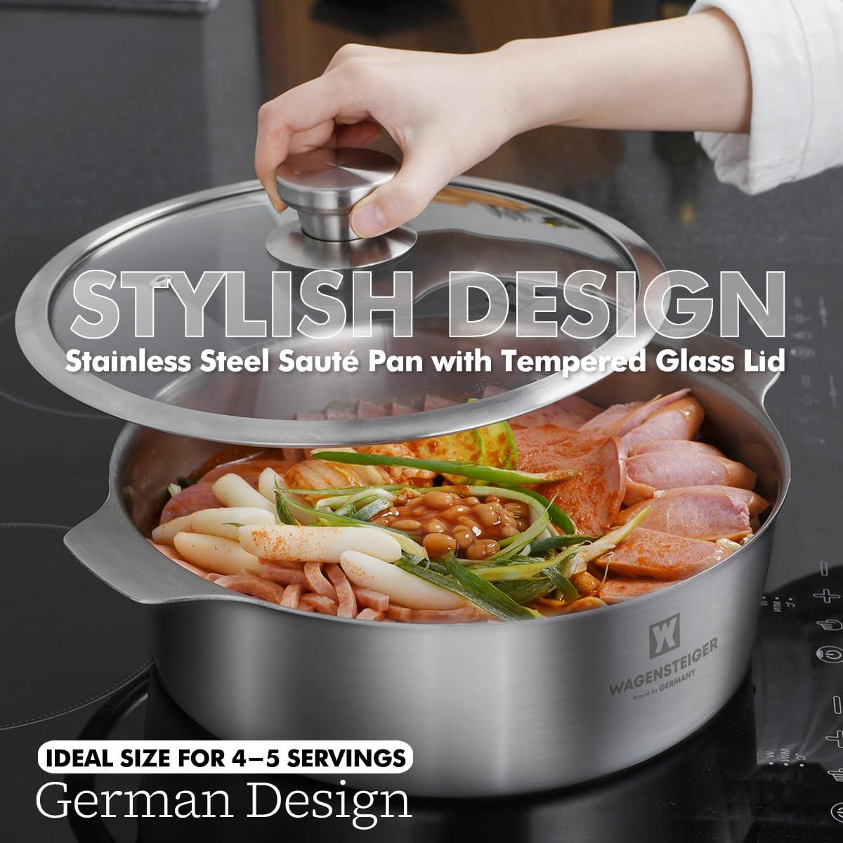 WAGENSTEIGER WAGENSTEIGER 4.18Quarts Stainless Steel Saut pan Casserole Pot with Tempered Glass Lid, Stock Pot, 3-Ply Construction with Aluminum Core, Stylish Design, Brushed Finish