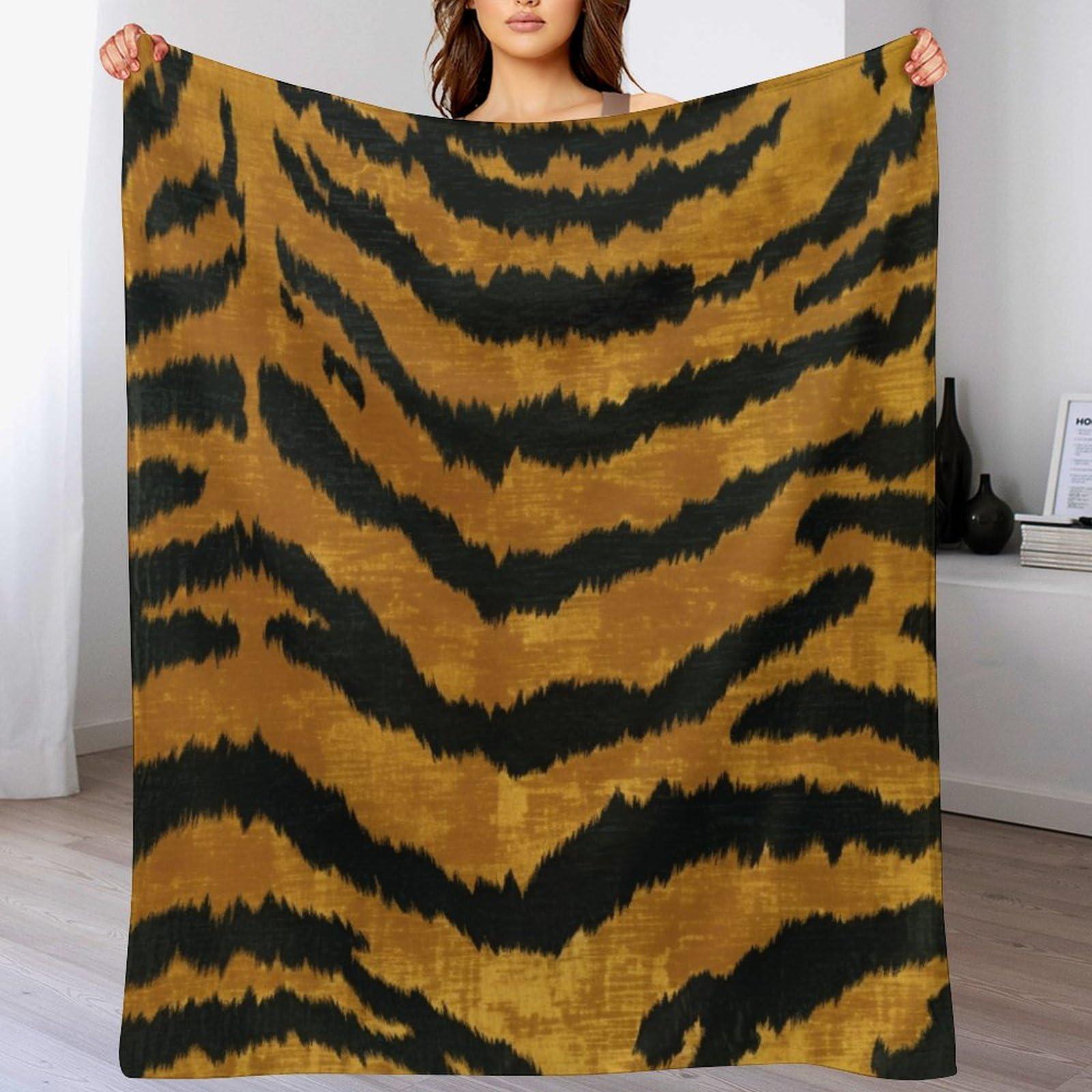 MangGou MangGou Brown Gold Black Tiger Print Bed Blankets Animal Print Tiger Stripes Fleece Blanket Chinoiserie Style Warm Throw Blanket for Bed Sofa for All Seasons 70x80in Winter Christams Gift