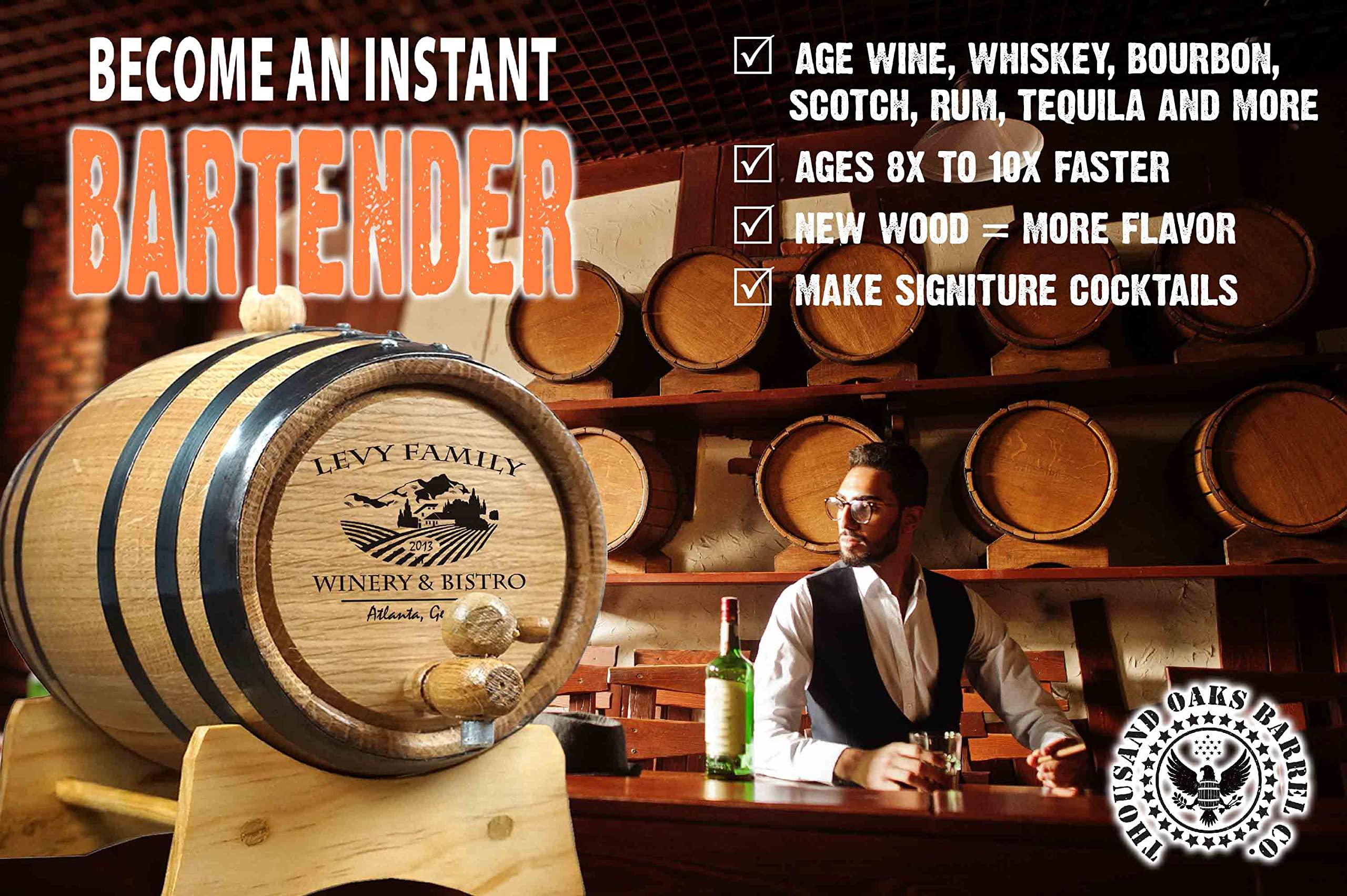 THOUSAND OAKS BARREL Personalized 1 Liter Oak Aging Barrel with Stand, Bung, and Spigot - Age Wine, Cocktails, Bourbon, Whiskey, Beer and More! Laser Engraved Bistro Design (B314)