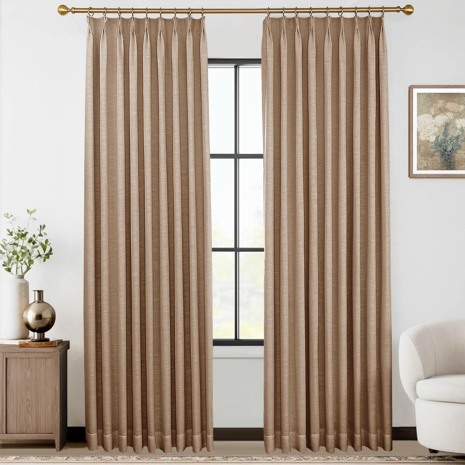 DotheDrape 88 inch Pinch Pleated Blackout Curtains 2 Panels Set, 100% Blackout Thermal Insulated Faux Linen Pinch Pleat Drapes, 60W x 88L, Walnut