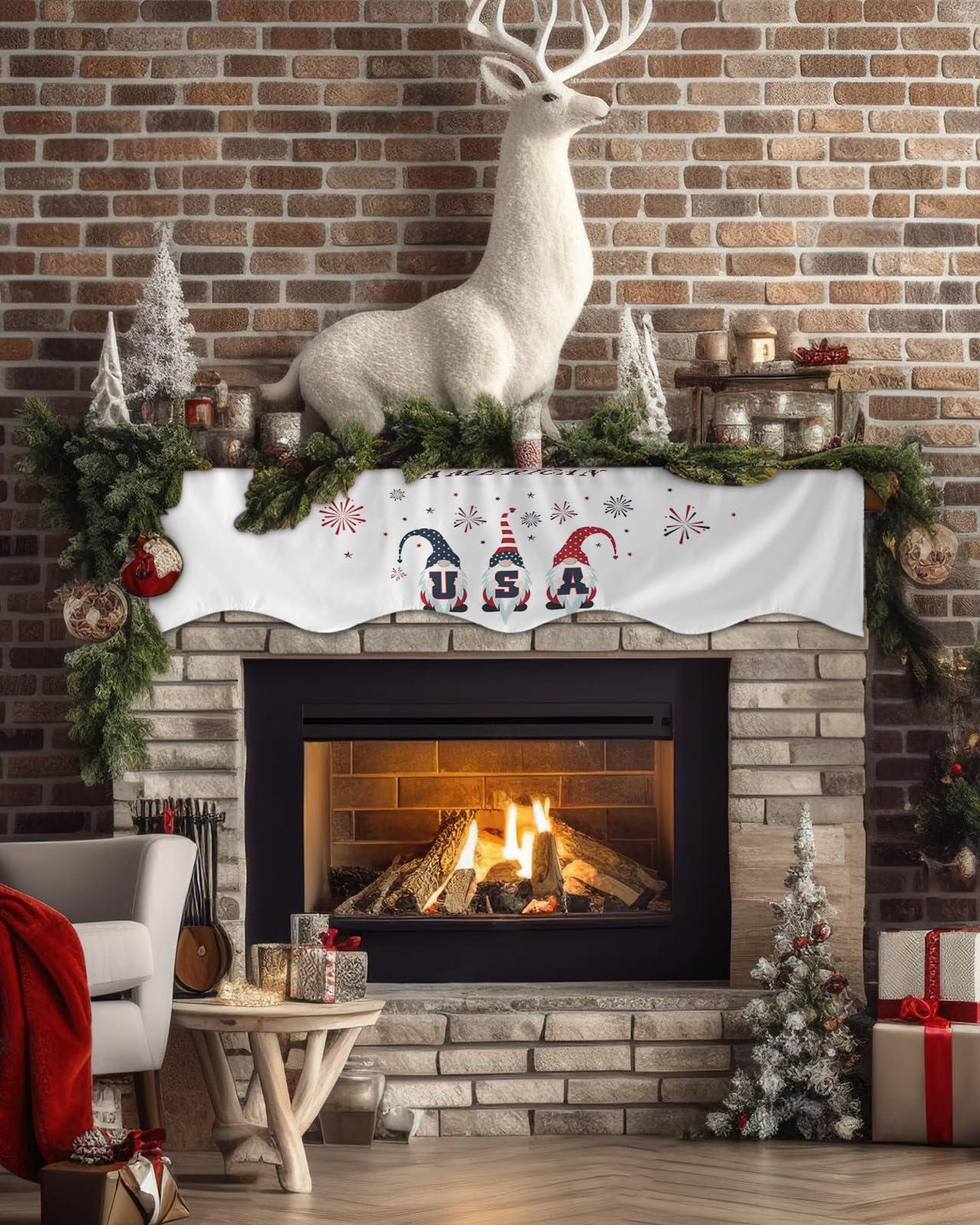 Chees D Zone Fireplace Scarf Independence Day 4th of July Dwarf Mantel Scarf Fireplace Top Runner Mantle Scarves Cover,USA Flag Red Blue Star White Fireplace Mantle Table Runner for Party Holiday Decor 60x17in