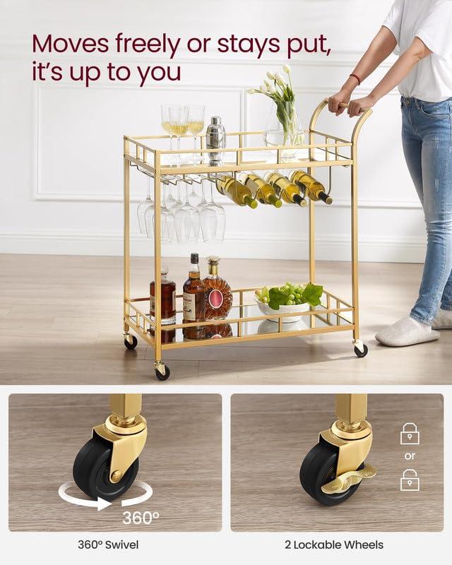 VASAGLE VASAGLE Bar Cart Gold, Home Bar Serving Cart, Wine Cart with 2 Mirrored Shelves, Wine Holders, Glass Holders, for Kitchen, Dining Room, Gold ULRC090A03