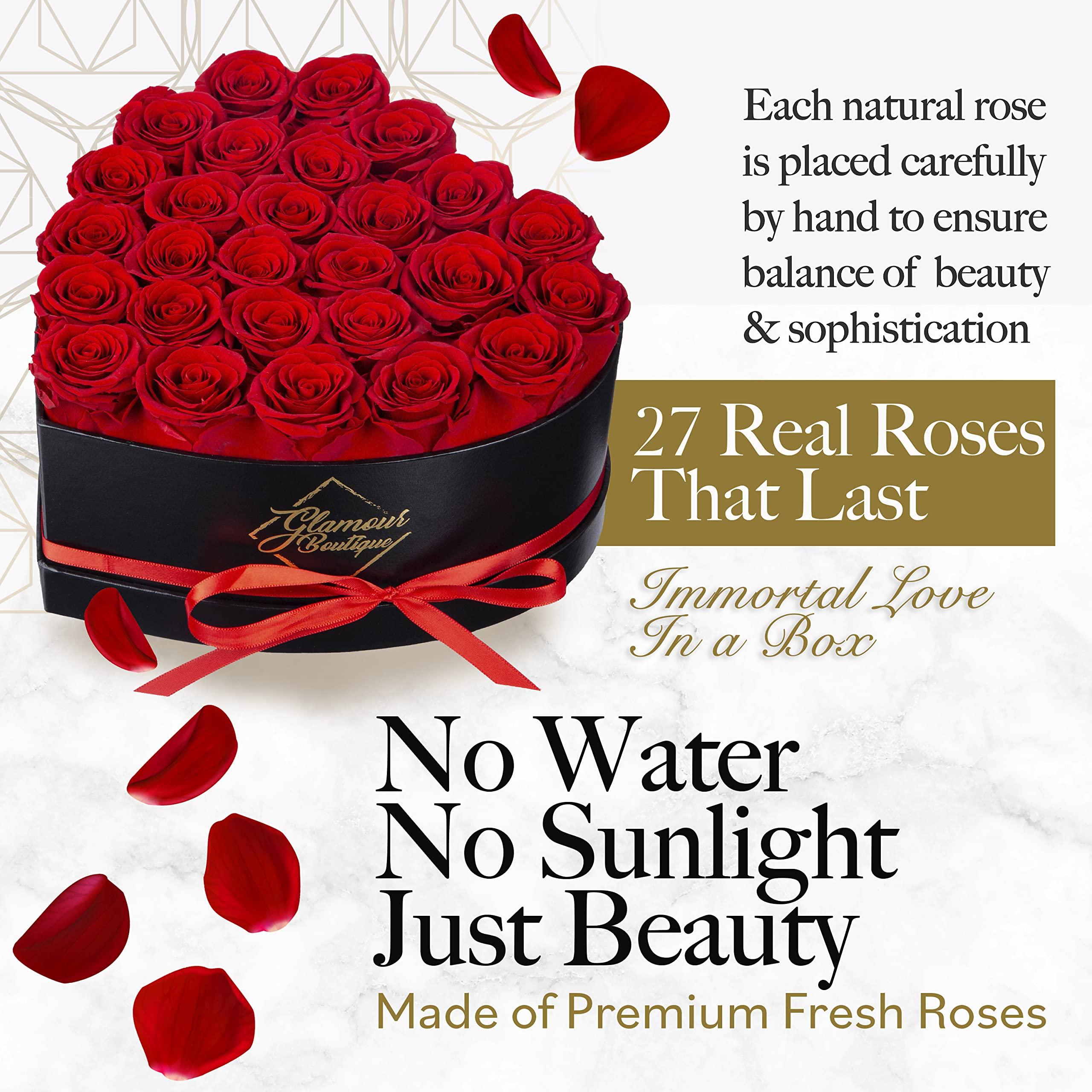 GLAMOUR BOUTIQUE GLAMOUR BOUTIQUE 27 Preserved Roses in a Heart Box - Flowers Forever Valentine\'s Day, Roses Forever for Women, Roses Forever in a Box, Birthday Gifts for Her, Red