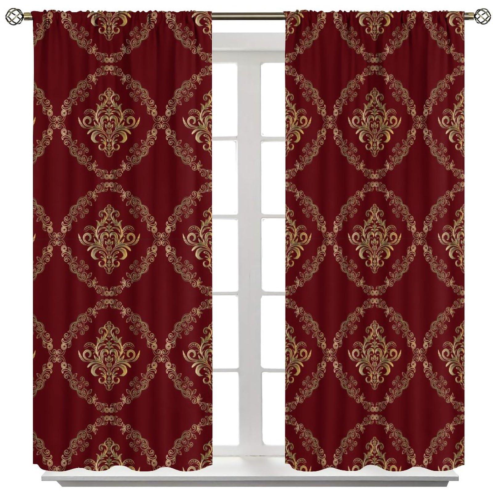 JretailAx Abstract Baroque Luxury Damask Curtains - Modern Red Gold Damask Medallion Gothic Floral Thermal Insulated Blackout Curtains - Rod Pocket Window Treatment Drapes for Bedroom 2 Panels 54L x 21W