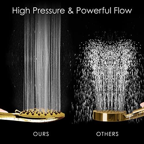Wellness & Co Aquarius Gold Shower Head With Handheld Sprayer, 6 Spray Settings High Pressure Polished Brass Shower Head With Hose (Extra Long) & Adjustable Brass Ball Bracket Kit, Shower Head Gold Finish