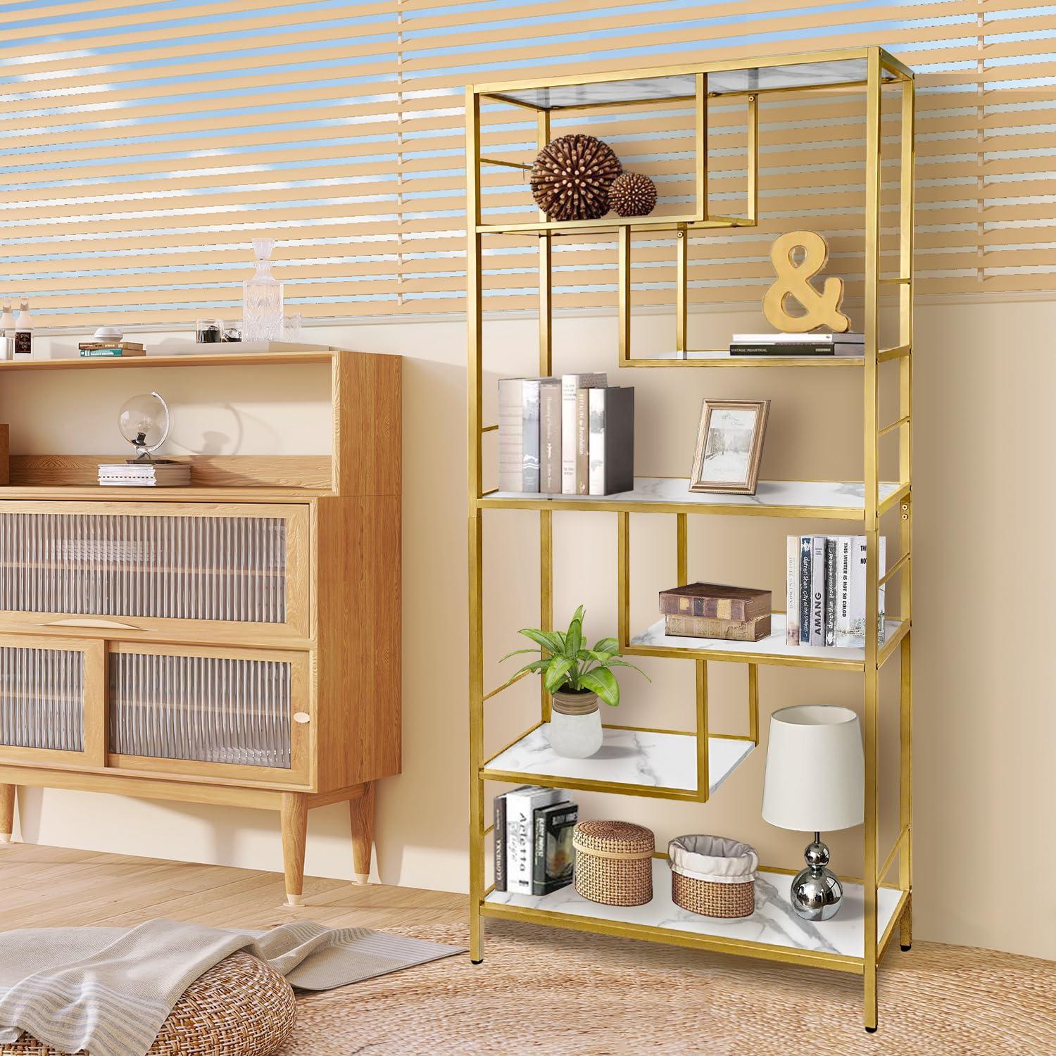 AT-VALY AT-VALY 6 Tier Bookcase Bookshelf, 72.4Tall Modern Freestanding Bookshelf with 6 Shelves, Faux Marble Open Display Storage Book Shelves for Living Room Bedroom Home Office (Gold)
