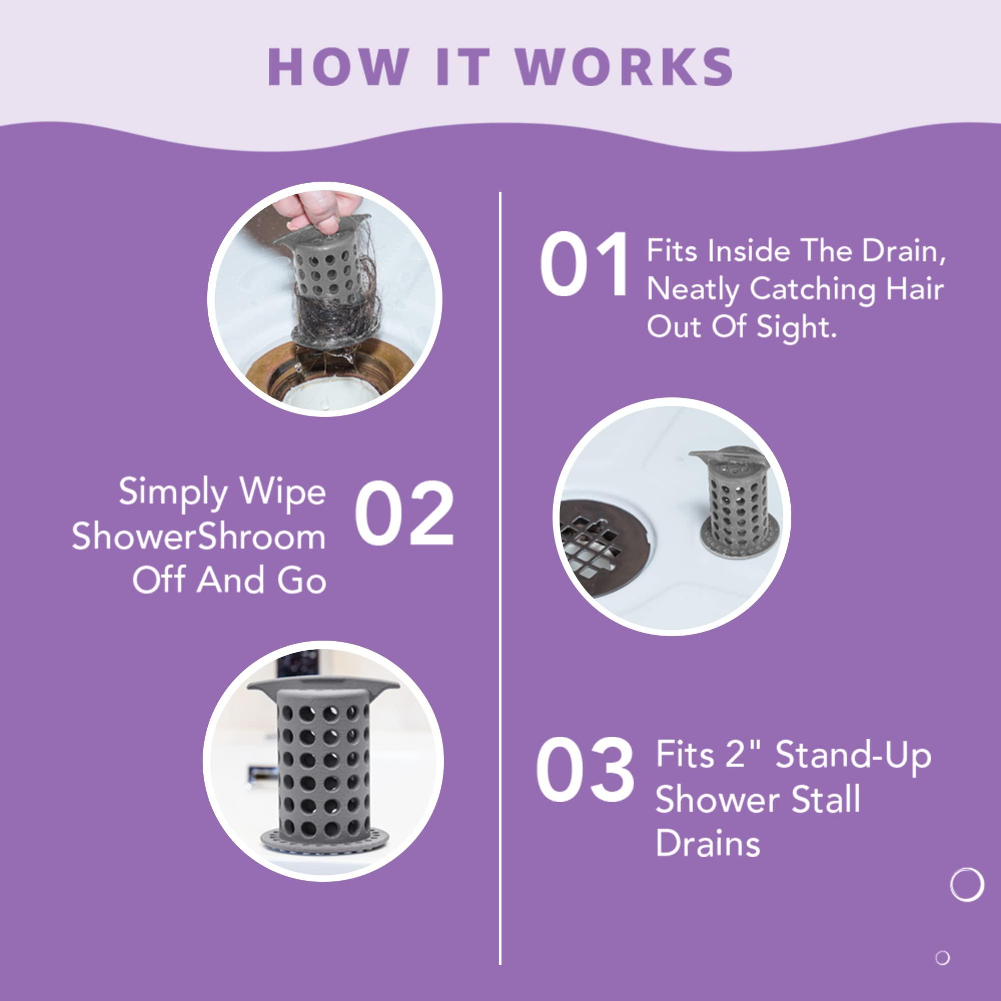 ShowerShroom ShowerShroom the Revolutionary 2\" Stand-Up Shower Stall Drain Protector Hair Catcher/Strainer, Gray , 1 Count ( Pack of 1)