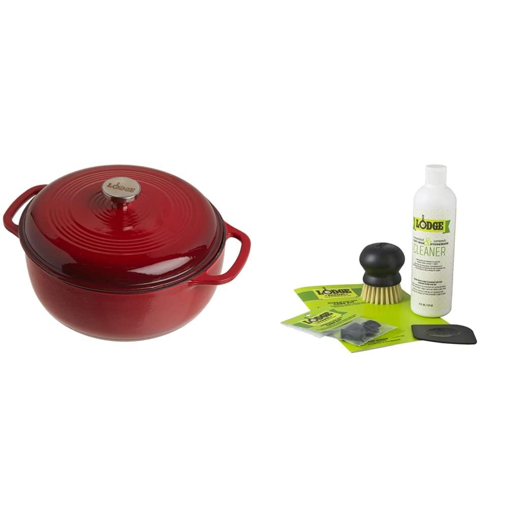 Lodge Lodge EC6D43 Enameled Cast Iron Dutch Oven, 6-Quart, Island Spice Red & Enameled Cast Iron and Stoneware Care Kit, 12 oz