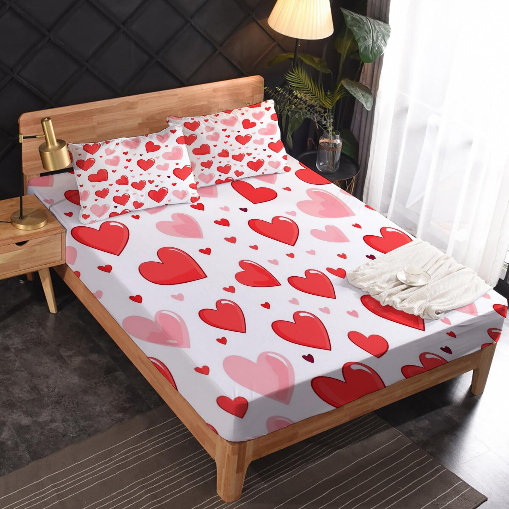 zcsm zcsm Red Heart Sheets Full Size - Valentine\'s Day Love Bed Sheets, Soft Microfiber & Deep Pocket & Wrinkle Free Patterned Bedding Sheets & Pillowcases, 1 Fitted Sheet, 1 Flat Sheet, 2 Pillow Cases