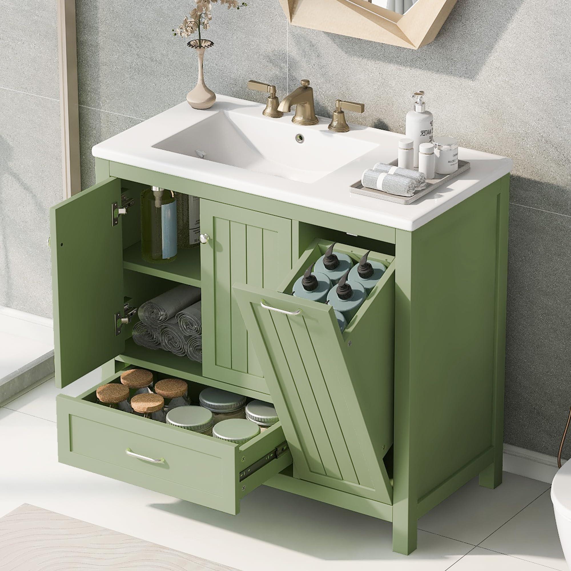 MiHunnor MiHunnor 36\" Bathroom Vanity Cabinet with Sink Combo, Freestanding Solid Wood Cabinet with Ceramic Sink, with 2 Doors and a Flip Drawer, for Bathroom, Easy Assembly