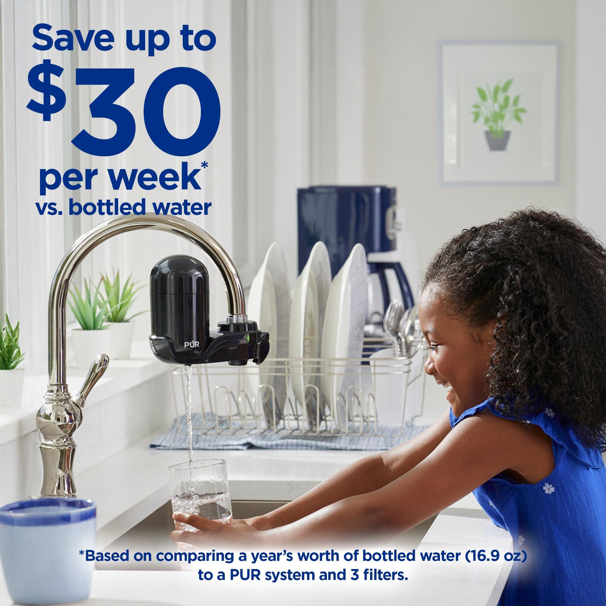 PUR PUR Vertical Faucet Mount Water Filtration System with Lead Reducing Filter for Cleaner, Filtered Tap Water, Lasts 100 Gallons, Sink Water Filter, Fits Most Kitchen or Bathroom Faucets, Black