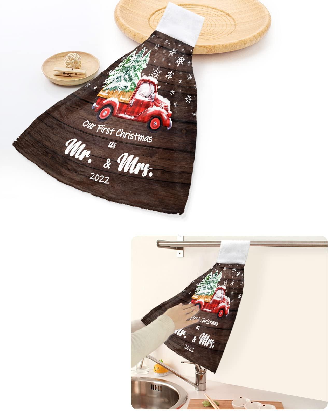 Kewadony Kewadony 1 Pack Hanging Kitchen Hand Towels, 2022 Christmas Hand Tie Towels with Hanging Loop, Red Truck Xmas Tree Snowflake Retro Wood Grain Soft Absorbent Towels Set for Bathroom and Kitchen