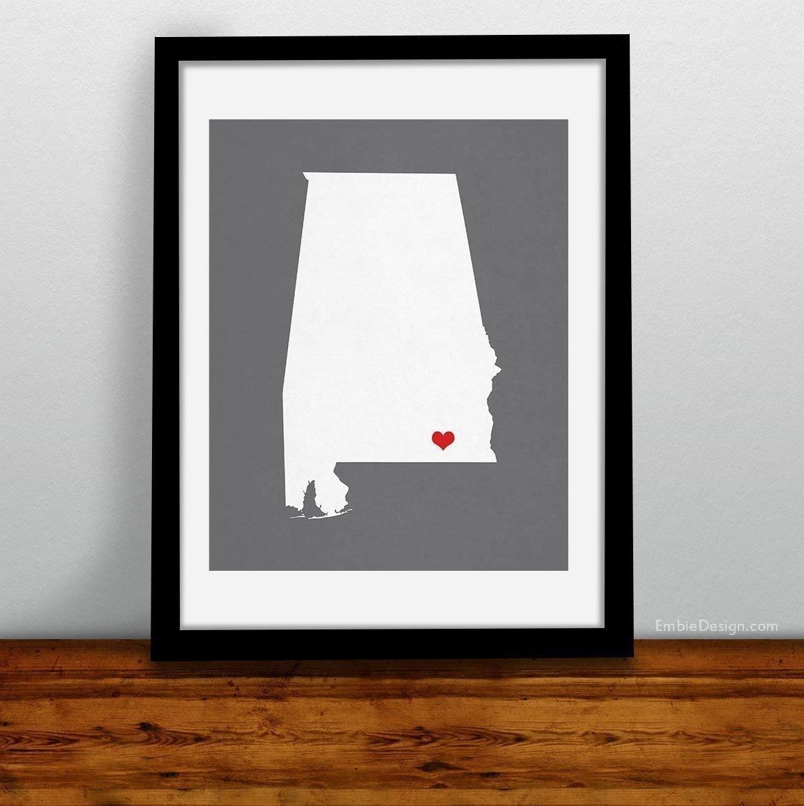 Embie Design Barbados or ANY STATE Heart Print Map Art Print Wall Decor - custom location