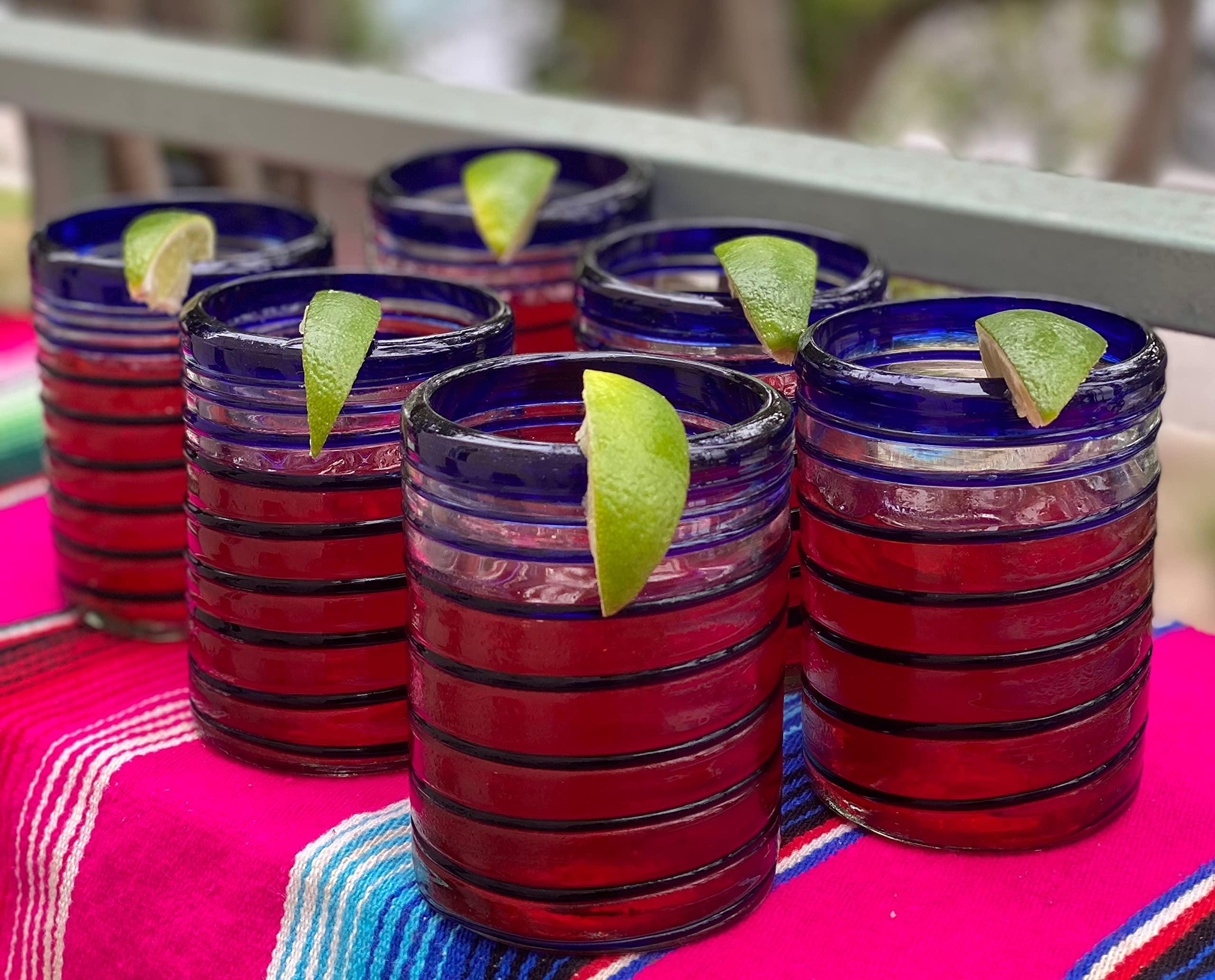 Dos Sueos Hand Blown Mexican Drinking Glasses Set of 6 Tumbler Glasses with Blue Spiral Design (10 oz each)